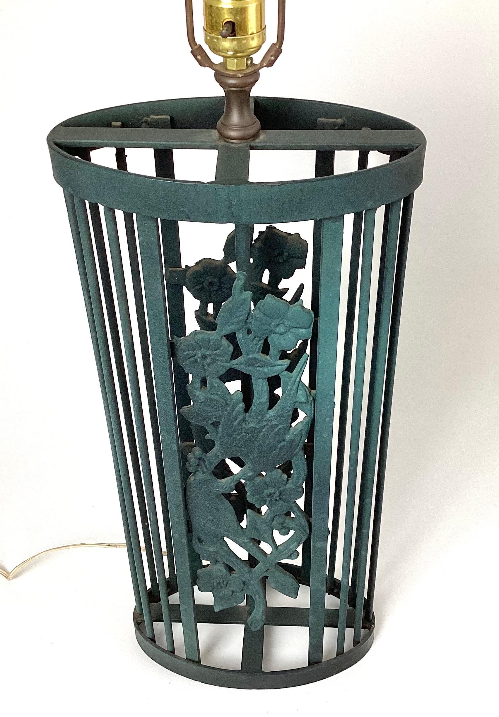 Pair mid century green cast iron table lamps. 24