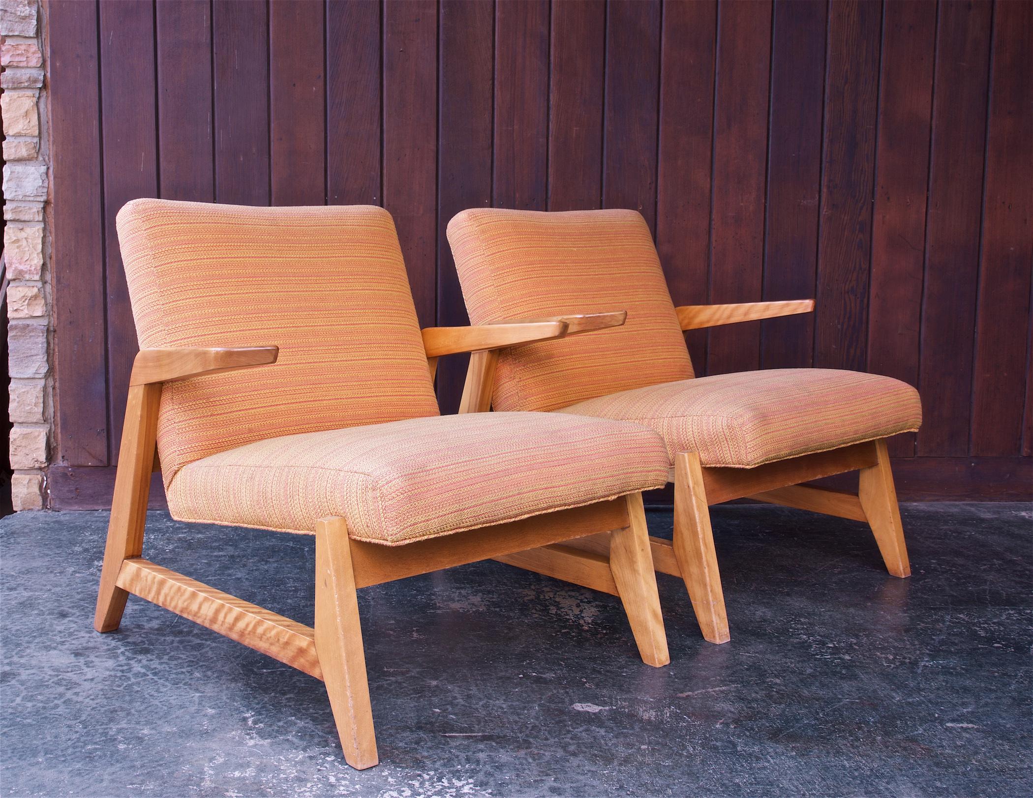 Very uncommon pair of early Knoll chairs, designed by architect Ralph Rapson.  Rapson designed a series of furniture that Knoll & Associates produced in the late 1940's.

These chairs are in unrestored condition.  We would advise restoration and