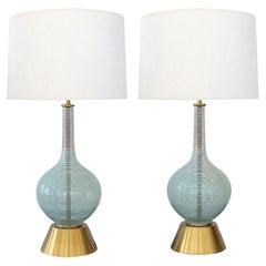 Pair Mid-century Hand-blown Bottle-form Glass Lamps with Striated Decoration