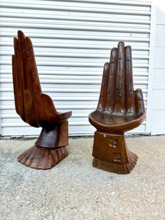 Pair Mid-Century Hand Carved Acacia Wood Hand Stool/child chair