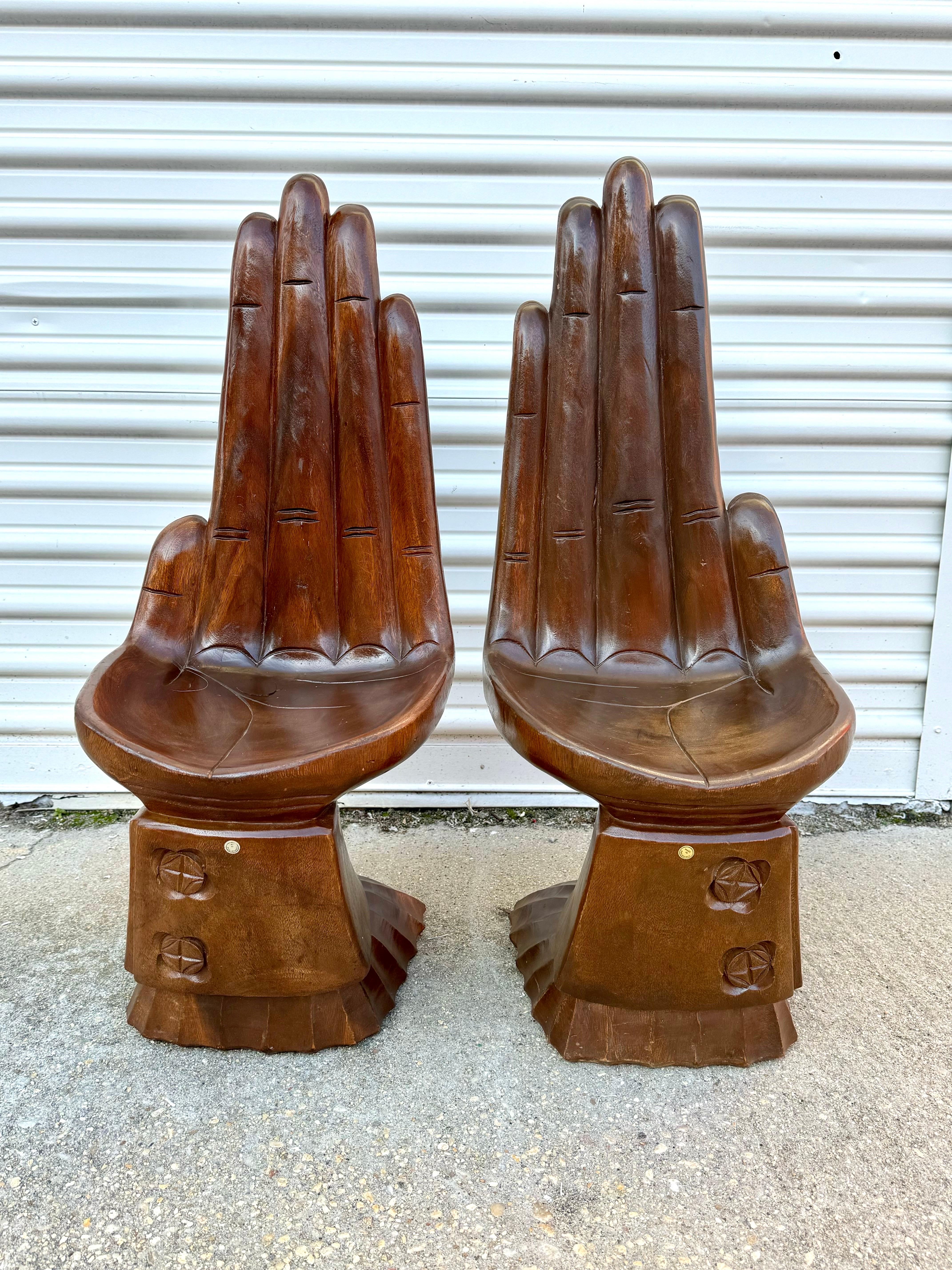 Hand-Carved Pair Mid-Century Hand Carved Acacia Wood Hand Stool/child chair  For Sale