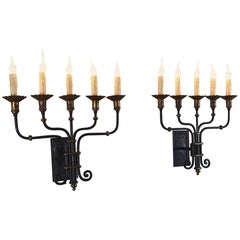 Pair of Midcentury Hand Forged Wrought Iron Country French Iron Sconces