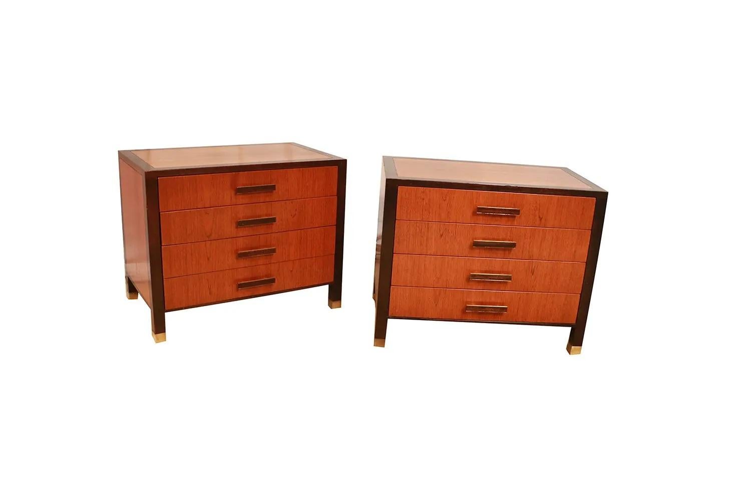 A remarkable pair of mid-century nightstands, end tables by Harvey Probber. These absolute jewels remain in nearly pristine condition. The lines are clean and elegant with exceptional construction and style. Features square top above four spacious