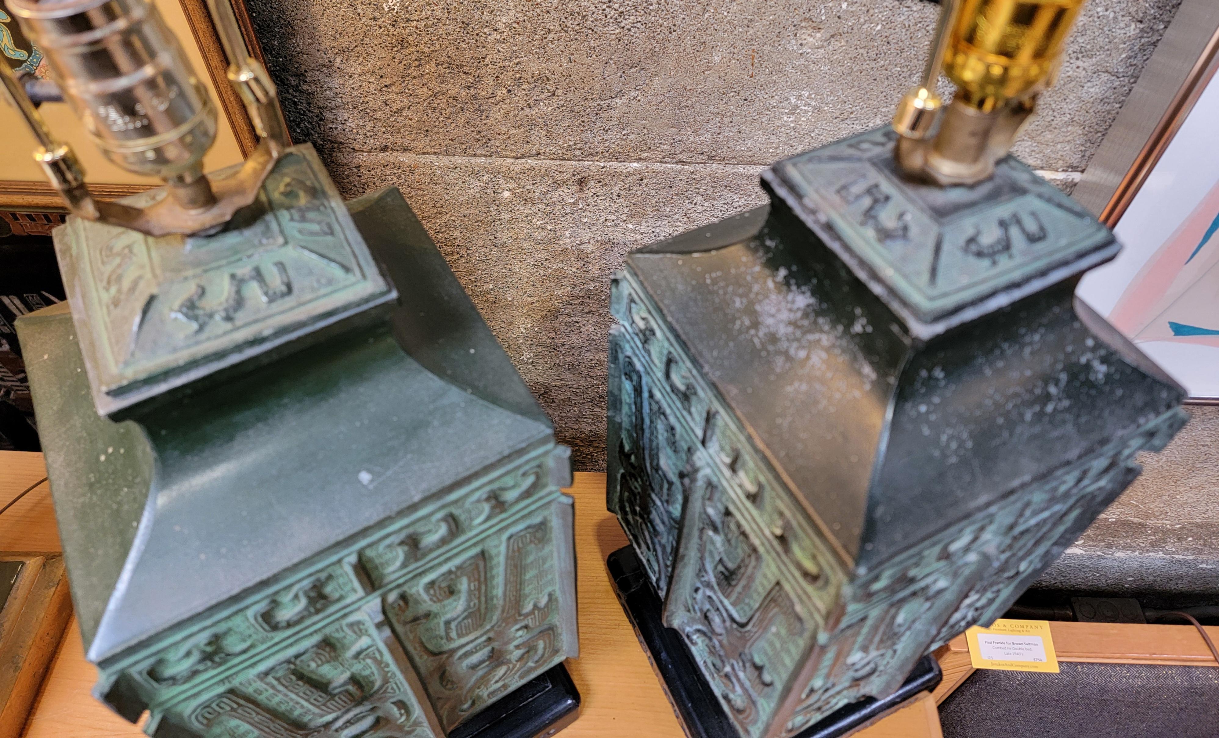 20th Century Pair Mid-Century Hieroglyphic Style Cast Metal Table Lamps  For Sale
