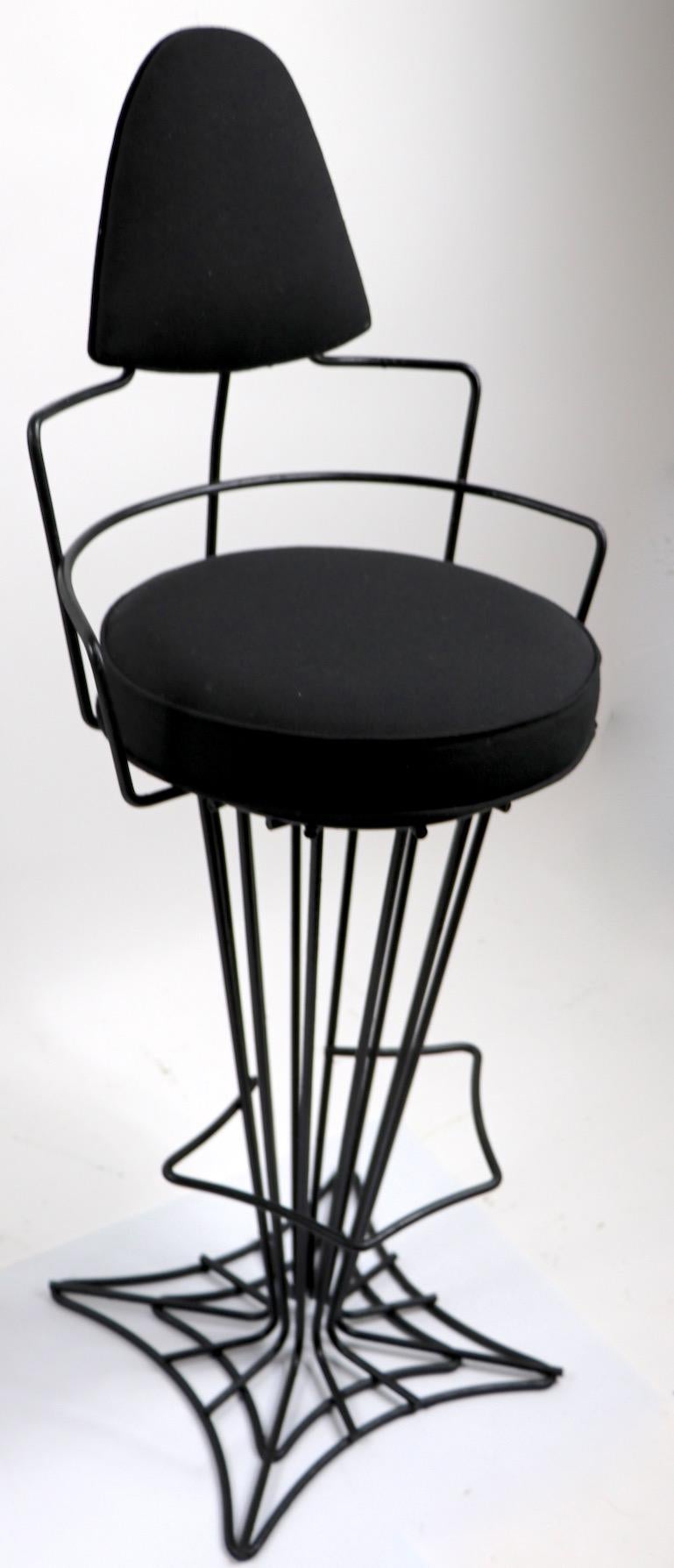 Upholstery Pair of Mid Century  Highback Wrought Iron Swivel Counter Stools