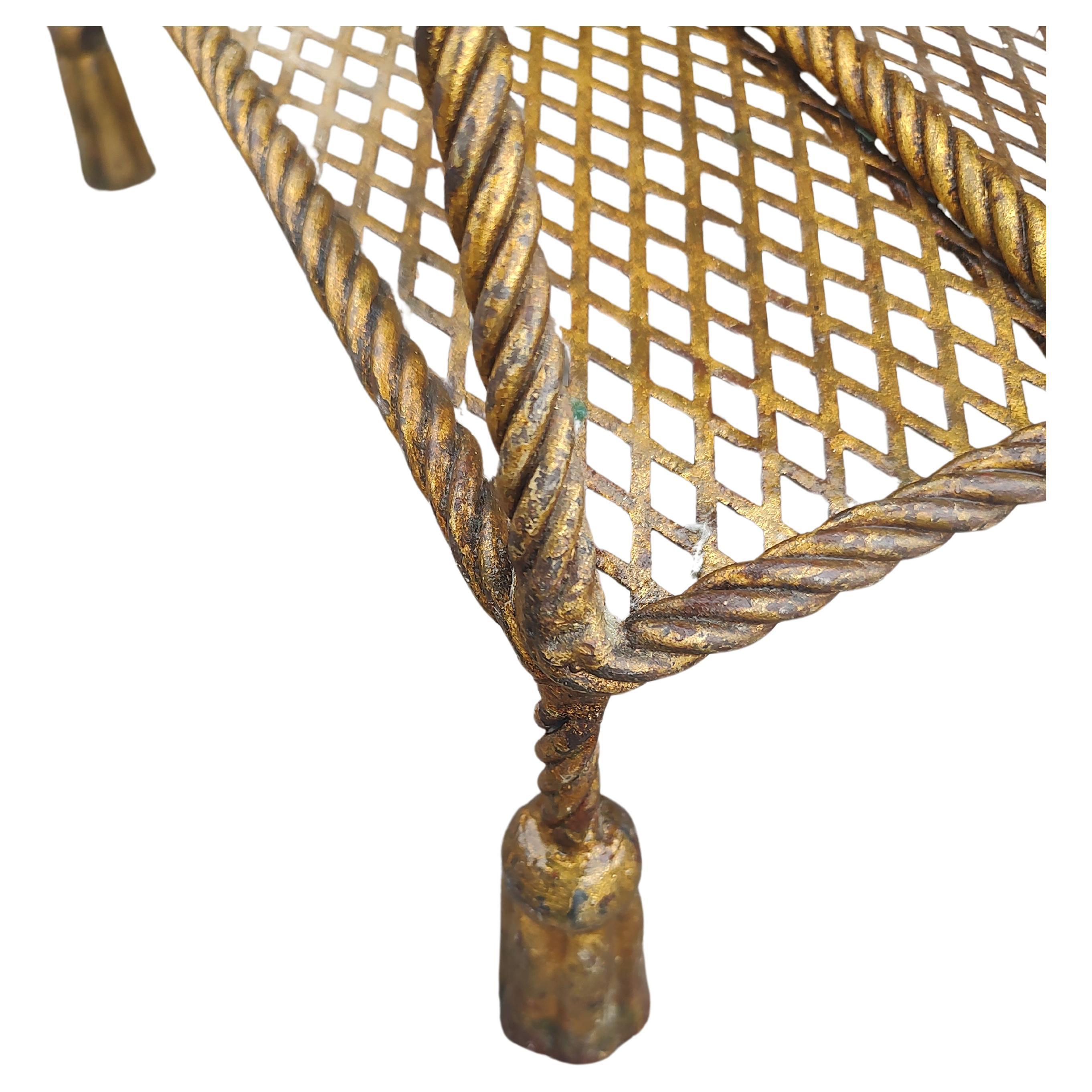 Italian Pair Mid Century Hollywood Regency Gilt Rope & Tassel Magazine Rack Italy C1955 For Sale