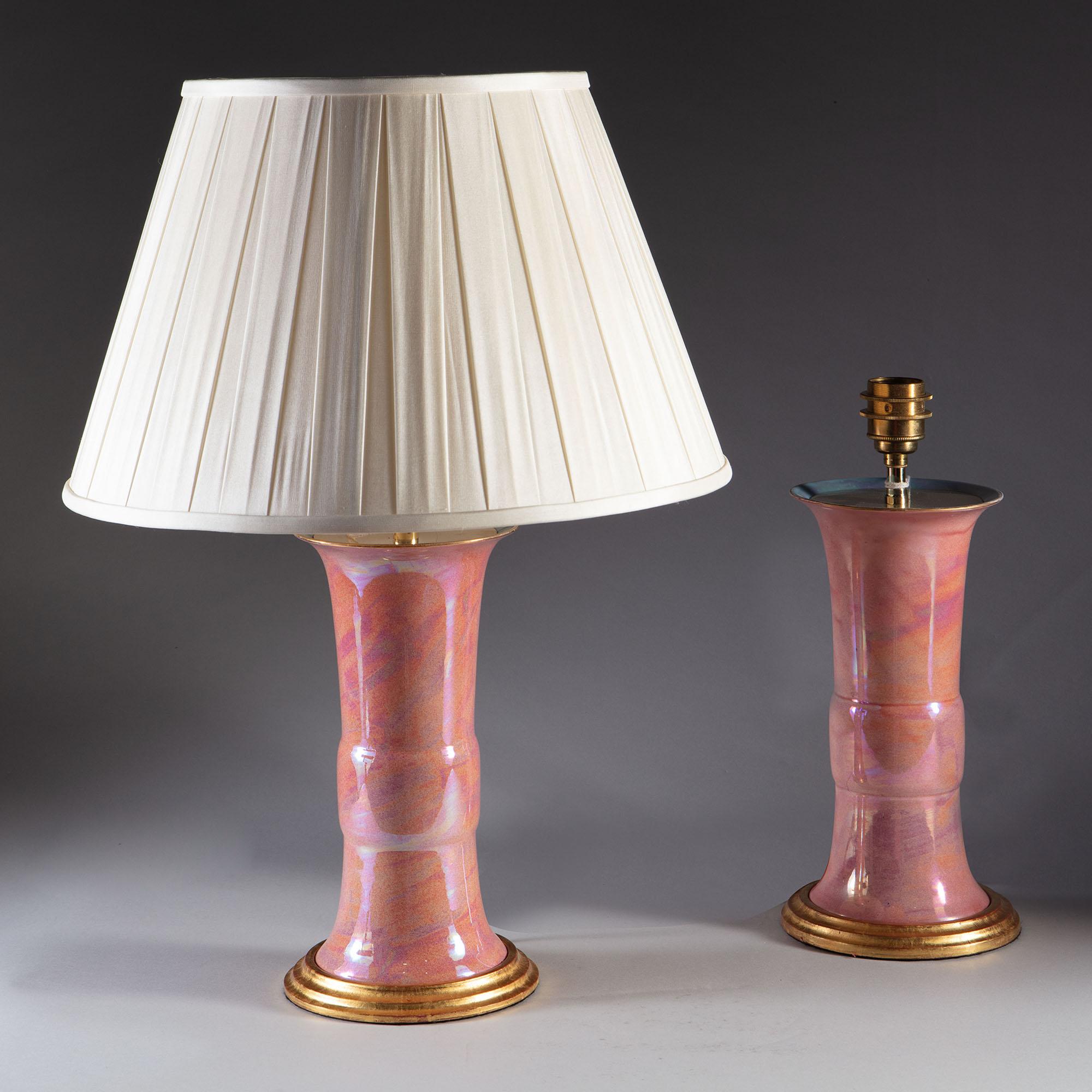 Midcentury Hollywood Regency Pink Lustre Glaze Chinese Form Vases as Lamps, Pair 2