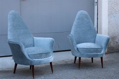 Pair Mid-Century Italian Armchairs Cesare Lacca 1950s Light Blue Velvet