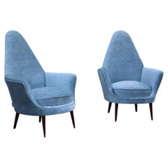 Pair Mid-Century Italian Armchairs Cesare Lacca 1950s Light Blue Velvet