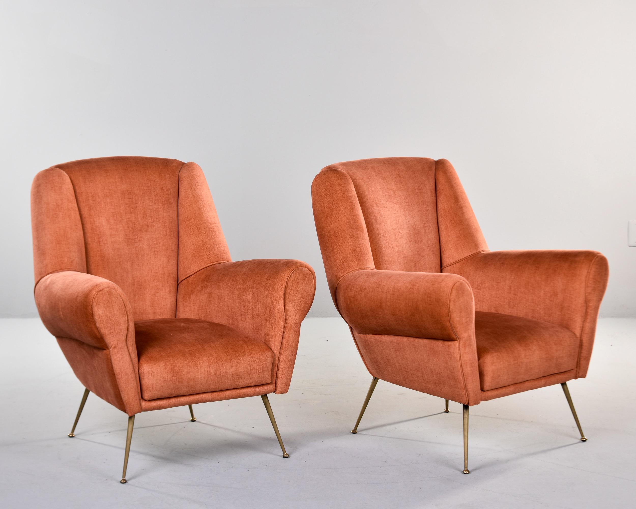 Pair Mid Century Italian Armchairs with Dk Apricot Chenille Velvet + Brass Legs For Sale 5