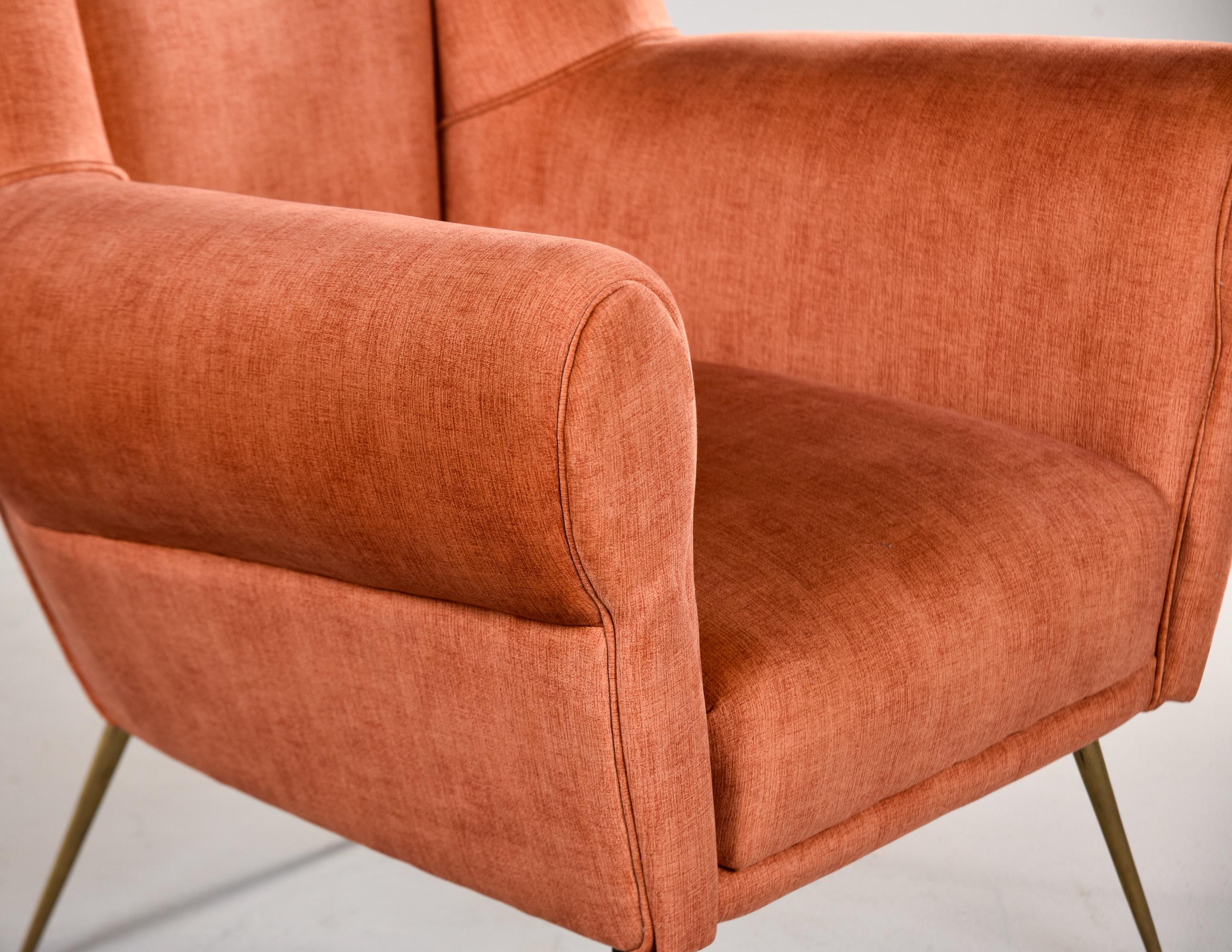 Pair Mid Century Italian Armchairs with Dk Apricot Chenille Velvet + Brass Legs For Sale 6