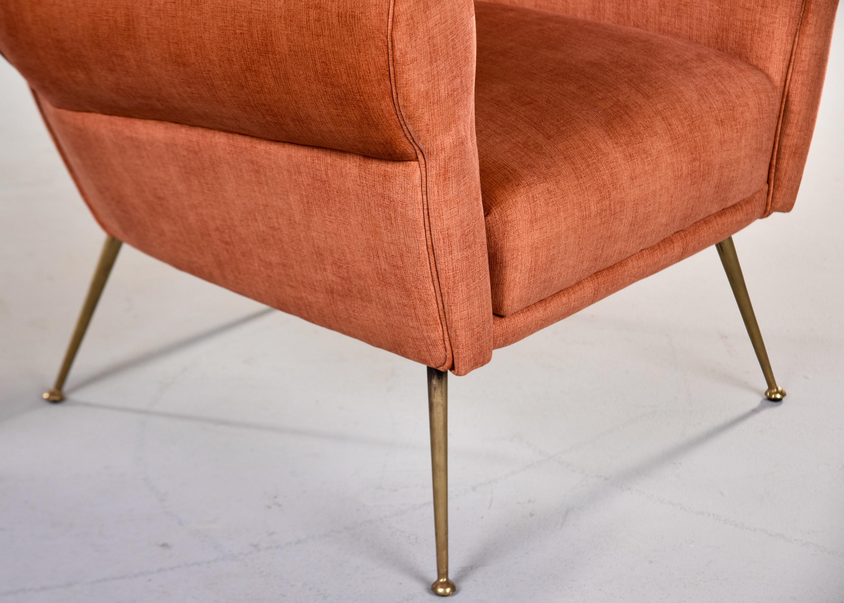 Pair Mid Century Italian Armchairs with Dk Apricot Chenille Velvet + Brass Legs For Sale 7