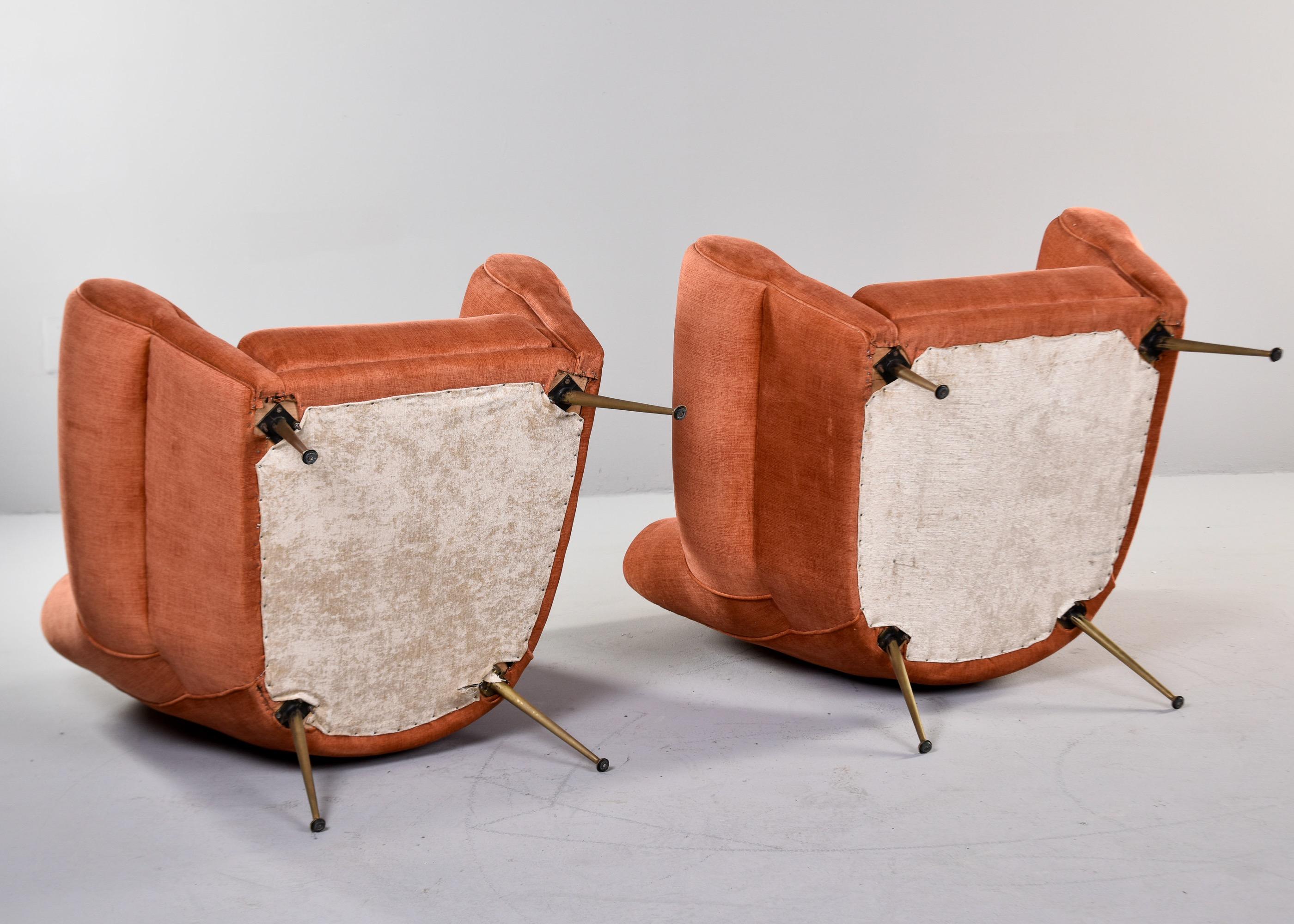 Pair Mid Century Italian Armchairs with Dk Apricot Chenille Velvet + Brass Legs For Sale 8