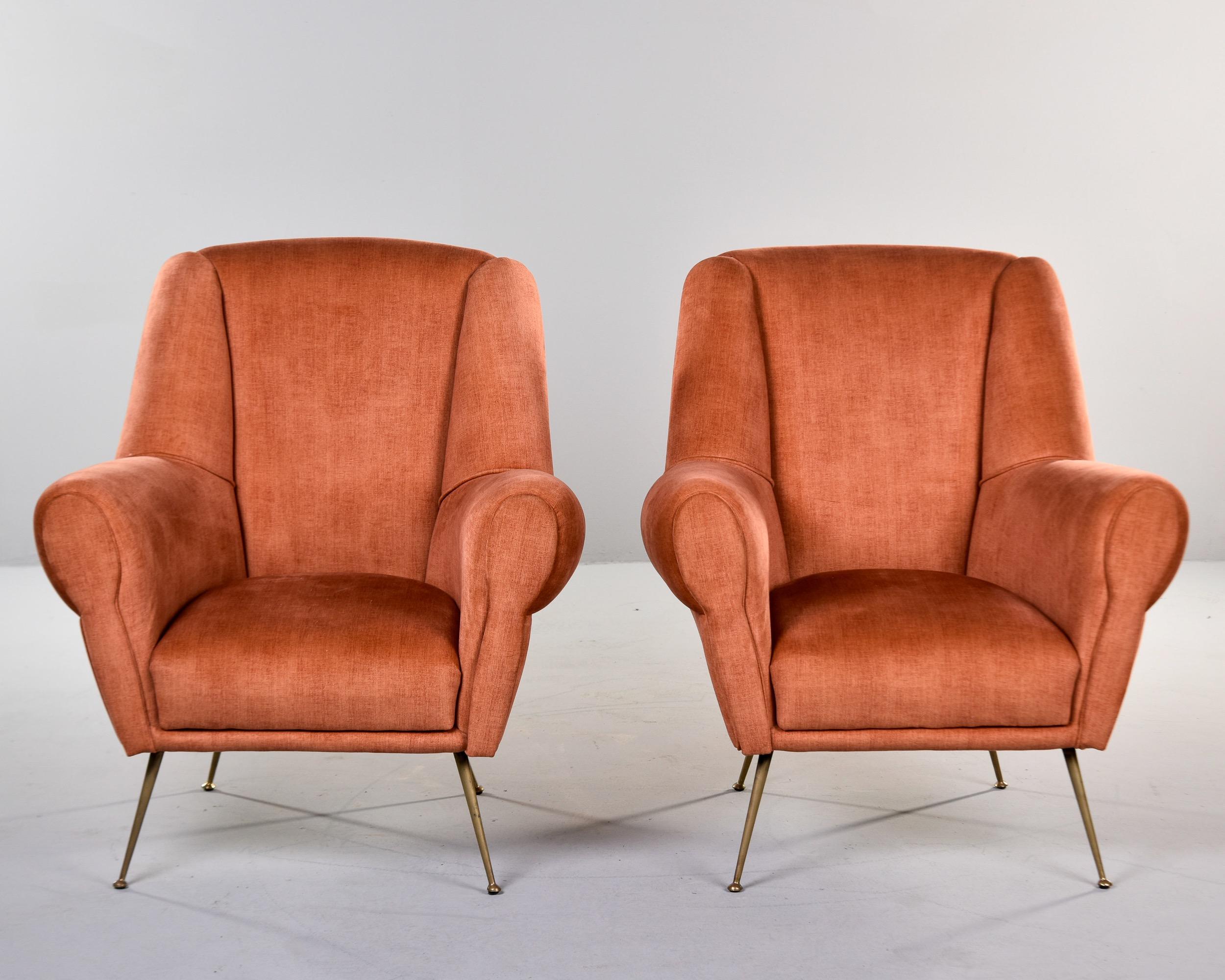 Mid-Century Modern Pair Mid Century Italian Armchairs with Dk Apricot Chenille Velvet + Brass Legs For Sale