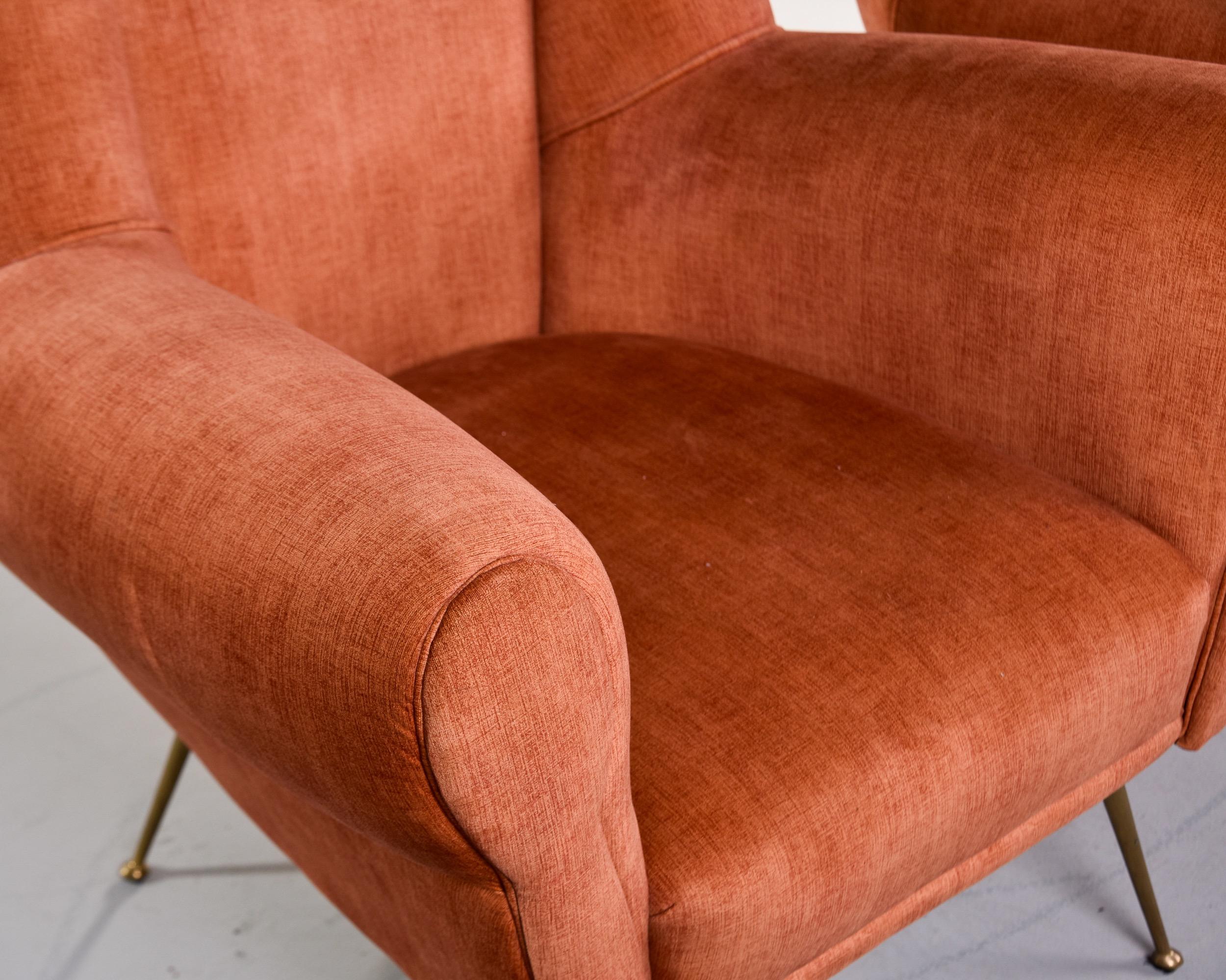 Pair Mid Century Italian Armchairs with Dk Apricot Chenille Velvet + Brass Legs In Good Condition For Sale In Troy, MI