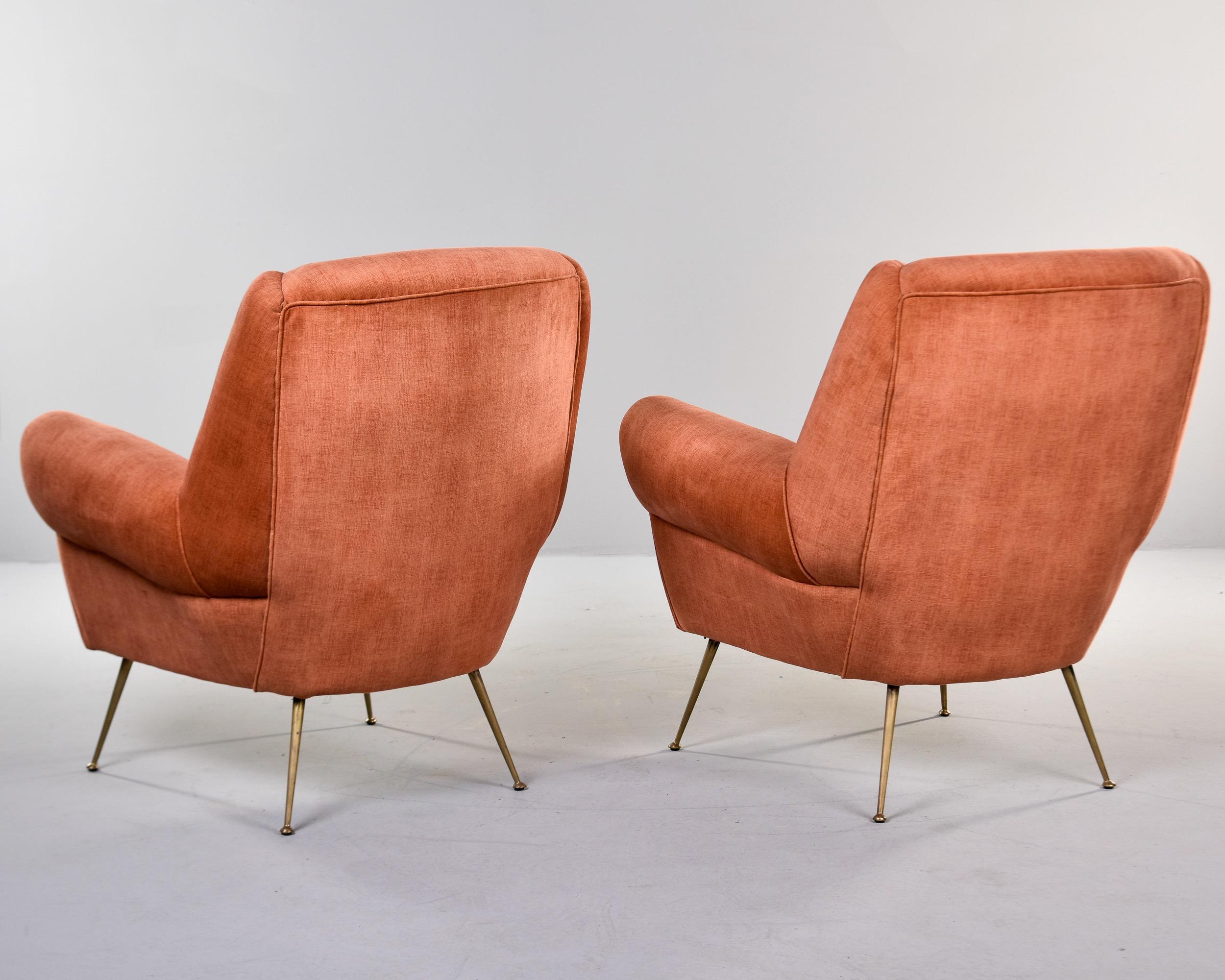 20th Century Pair Mid Century Italian Armchairs with Dk Apricot Chenille Velvet + Brass Legs For Sale