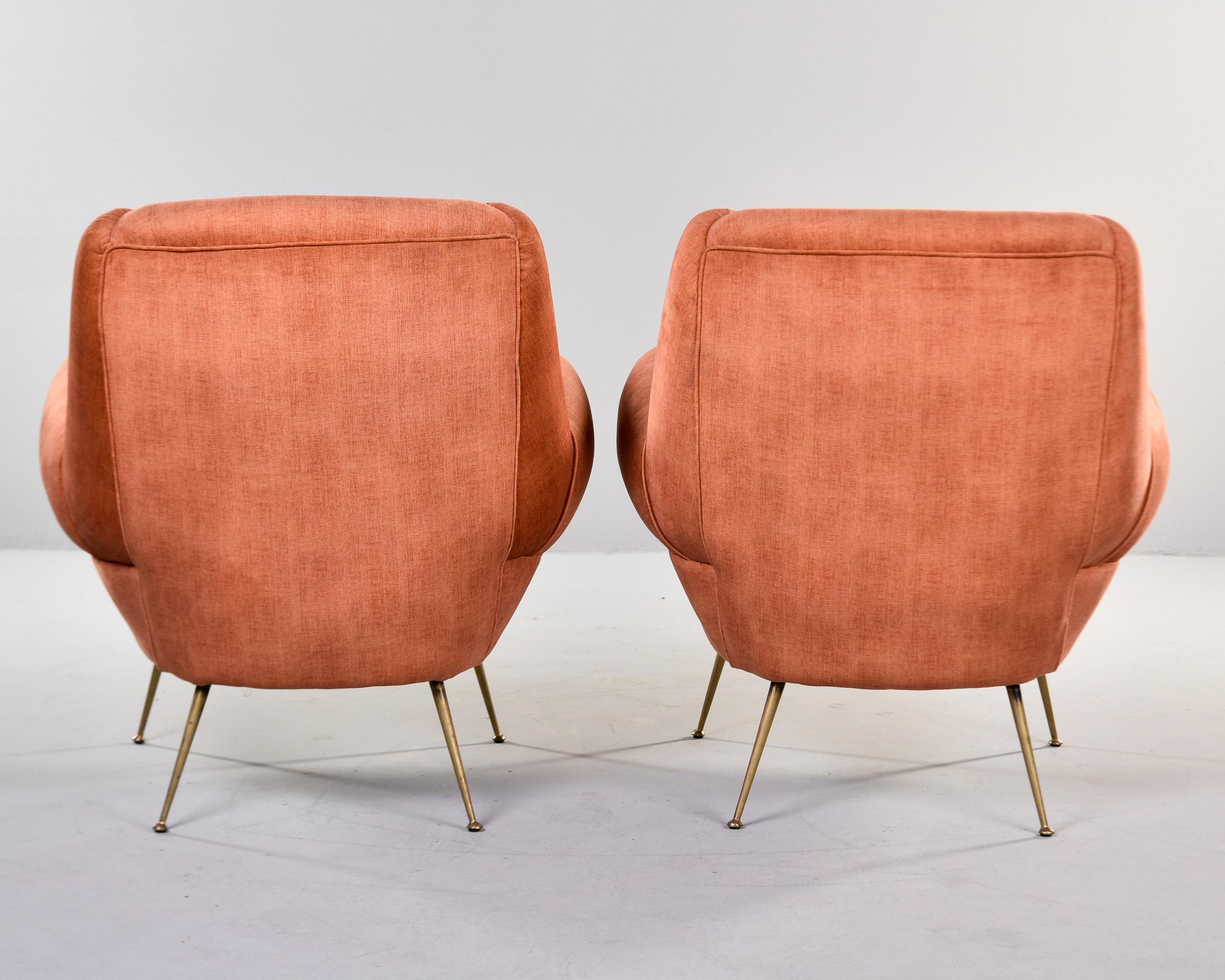 Pair Mid Century Italian Armchairs with Dk Apricot Chenille Velvet + Brass Legs For Sale 1