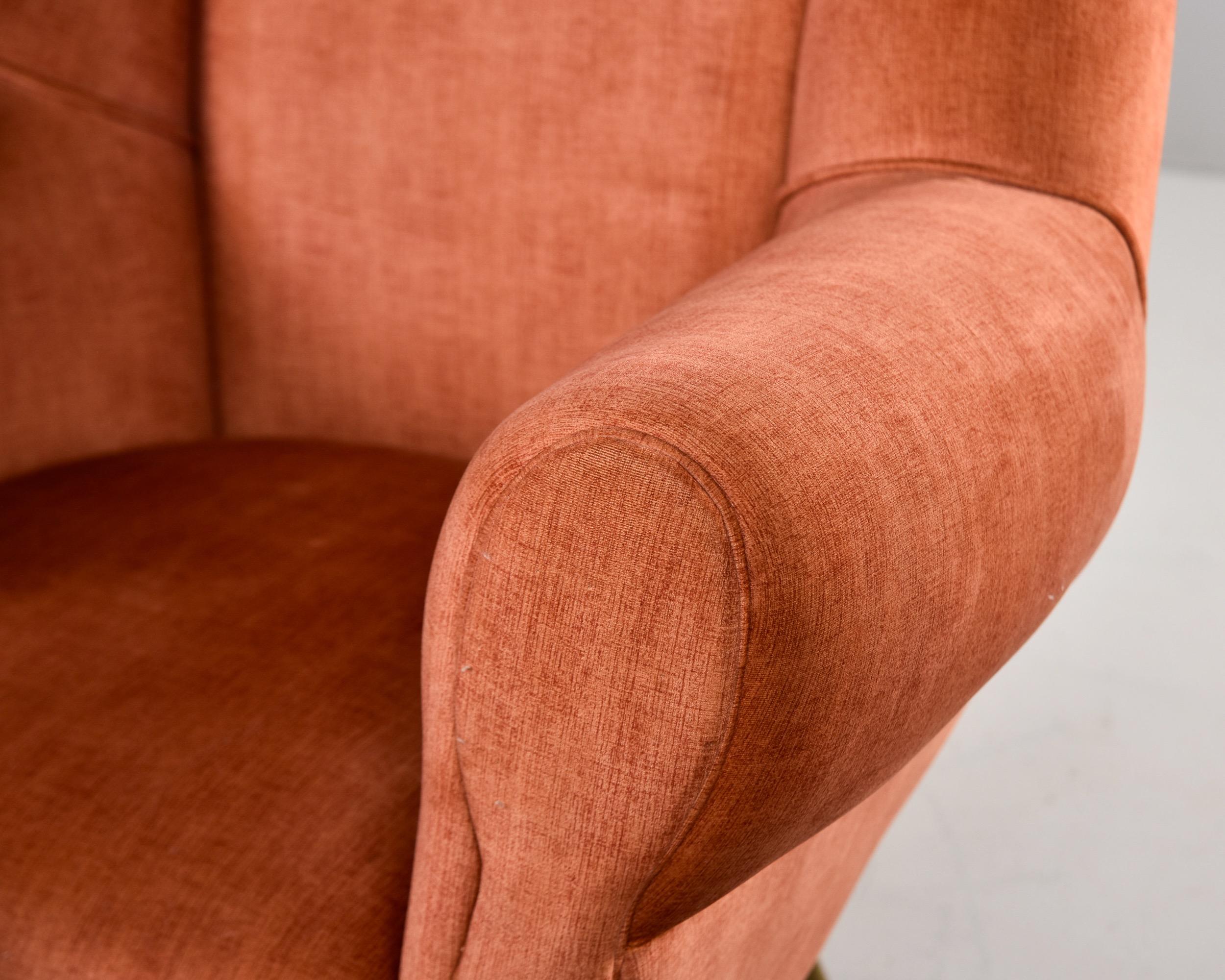 Pair Mid Century Italian Armchairs with Dk Apricot Chenille Velvet + Brass Legs For Sale 2