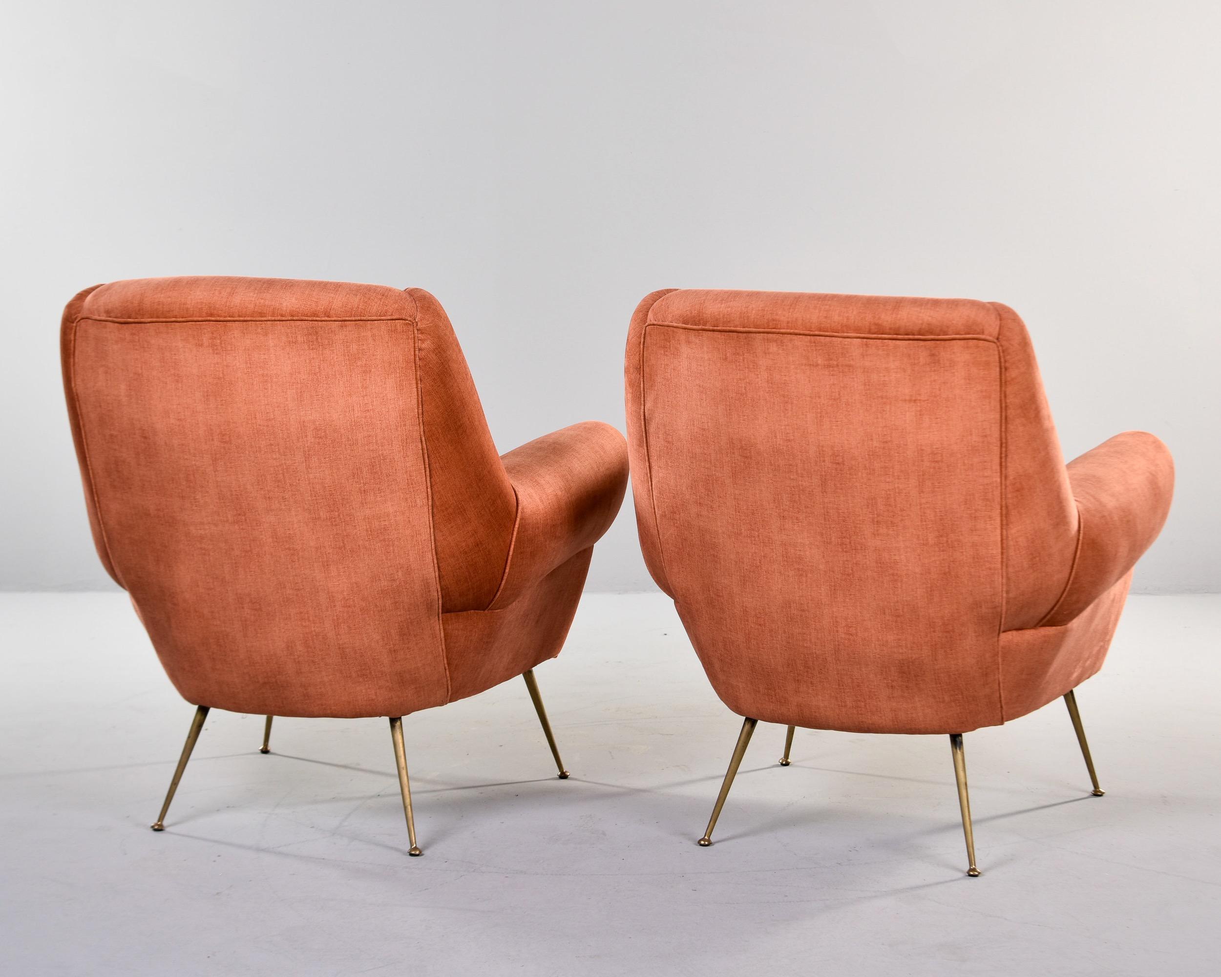 Pair Mid Century Italian Armchairs with Dk Apricot Chenille Velvet + Brass Legs For Sale 3