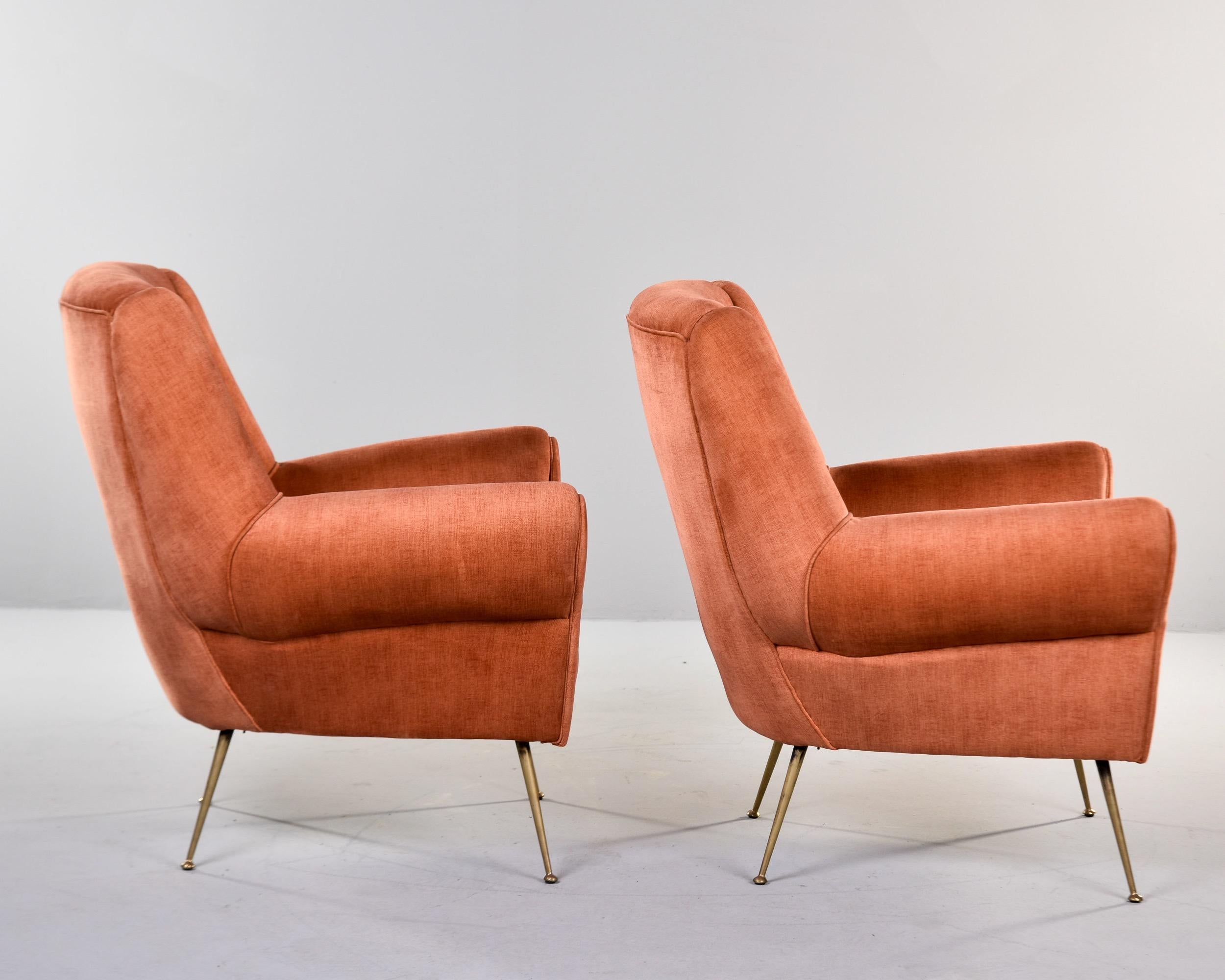 Pair Mid Century Italian Armchairs with Dk Apricot Chenille Velvet + Brass Legs For Sale 4