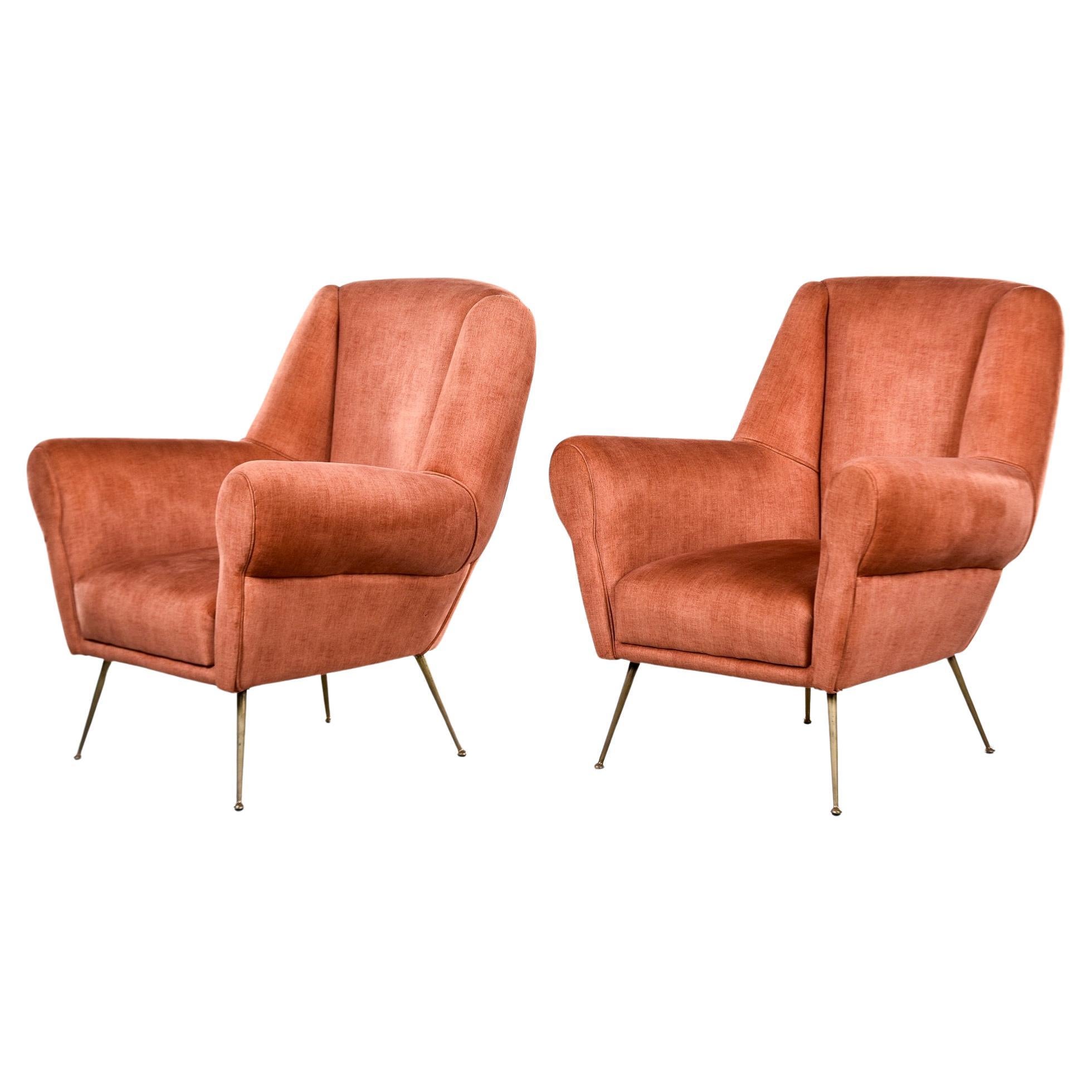 Pair Mid Century Italian Armchairs with Dk Apricot Chenille Velvet + Brass Legs