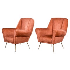 Pair Mid Century Italian Armchairs with Dk Apricot Chenille Velvet + Brass Legs