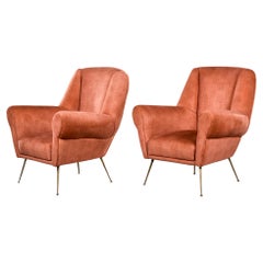 Vintage Pair Mid Century Italian Armchairs with Dk Apricot Chenille Velvet + Brass Legs