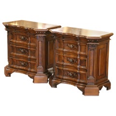 Pair Mid-Century Italian Baroque Walnut Three-Drawer Bedside Tables