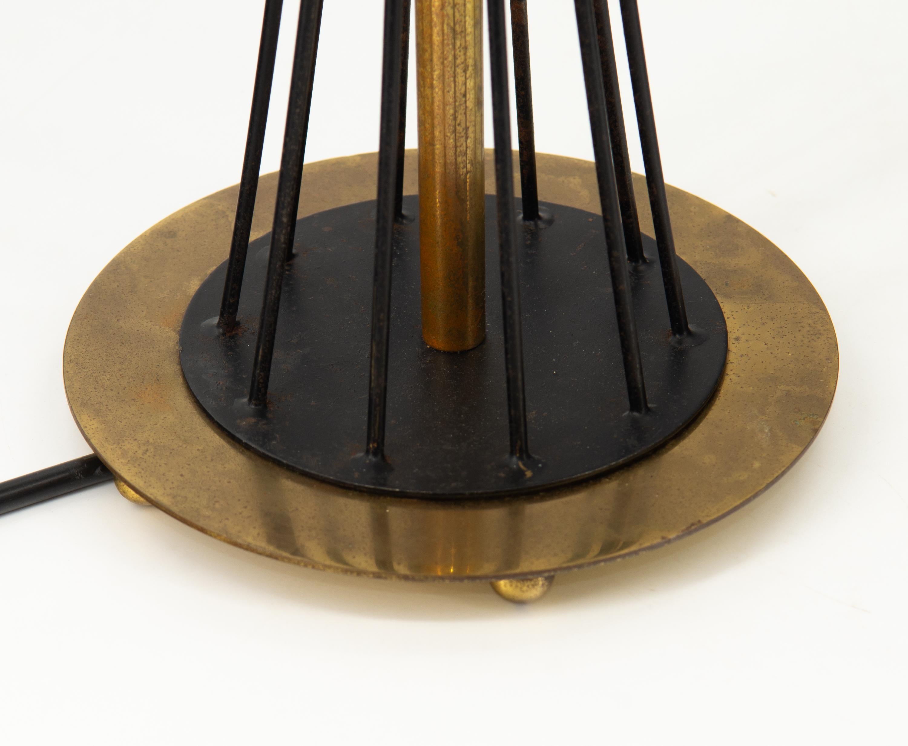 Fabric Pair Mid Century Italian Black & Brass Diablo Table Lamps Circa 1950 For Sale