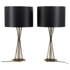 Pair Mid Century Italian Black & Brass Diablo Table Lamps Circa 1950