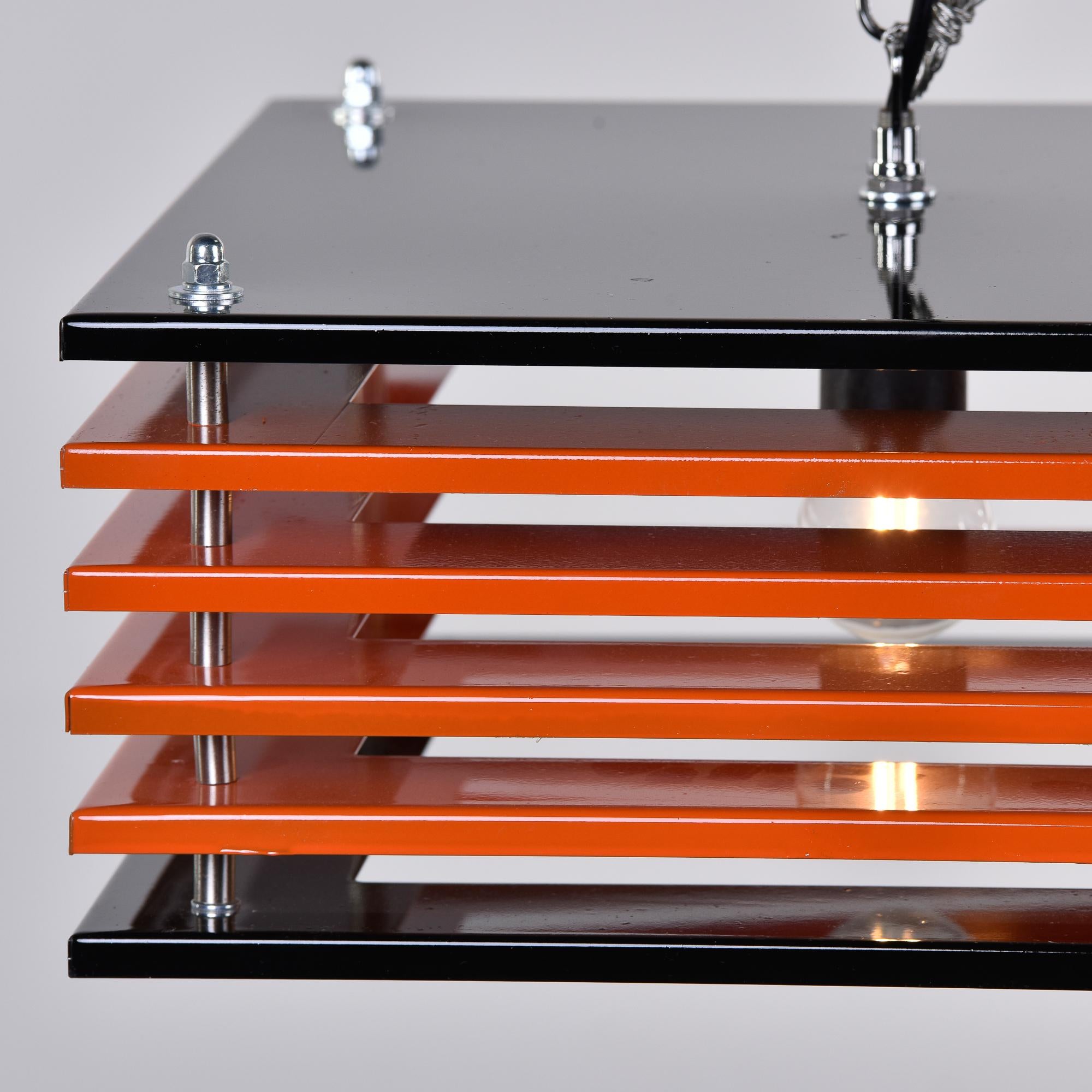 Pair Mid Century Italian Black & Orange Square Metal Pendant Lights For Sale 5