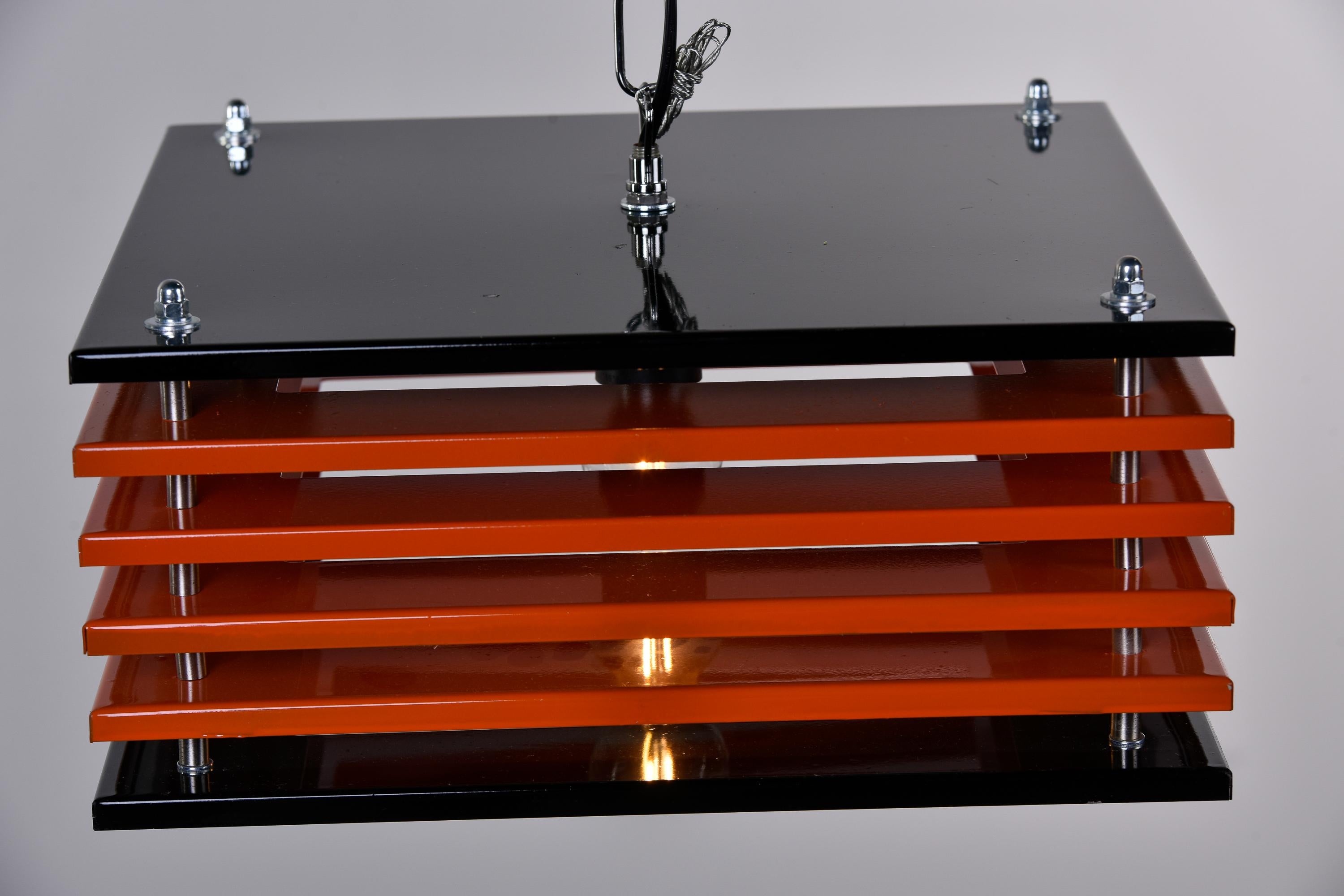 Mid-Century Modern Pair Mid Century Italian Black & Orange Square Metal Pendant Lights For Sale