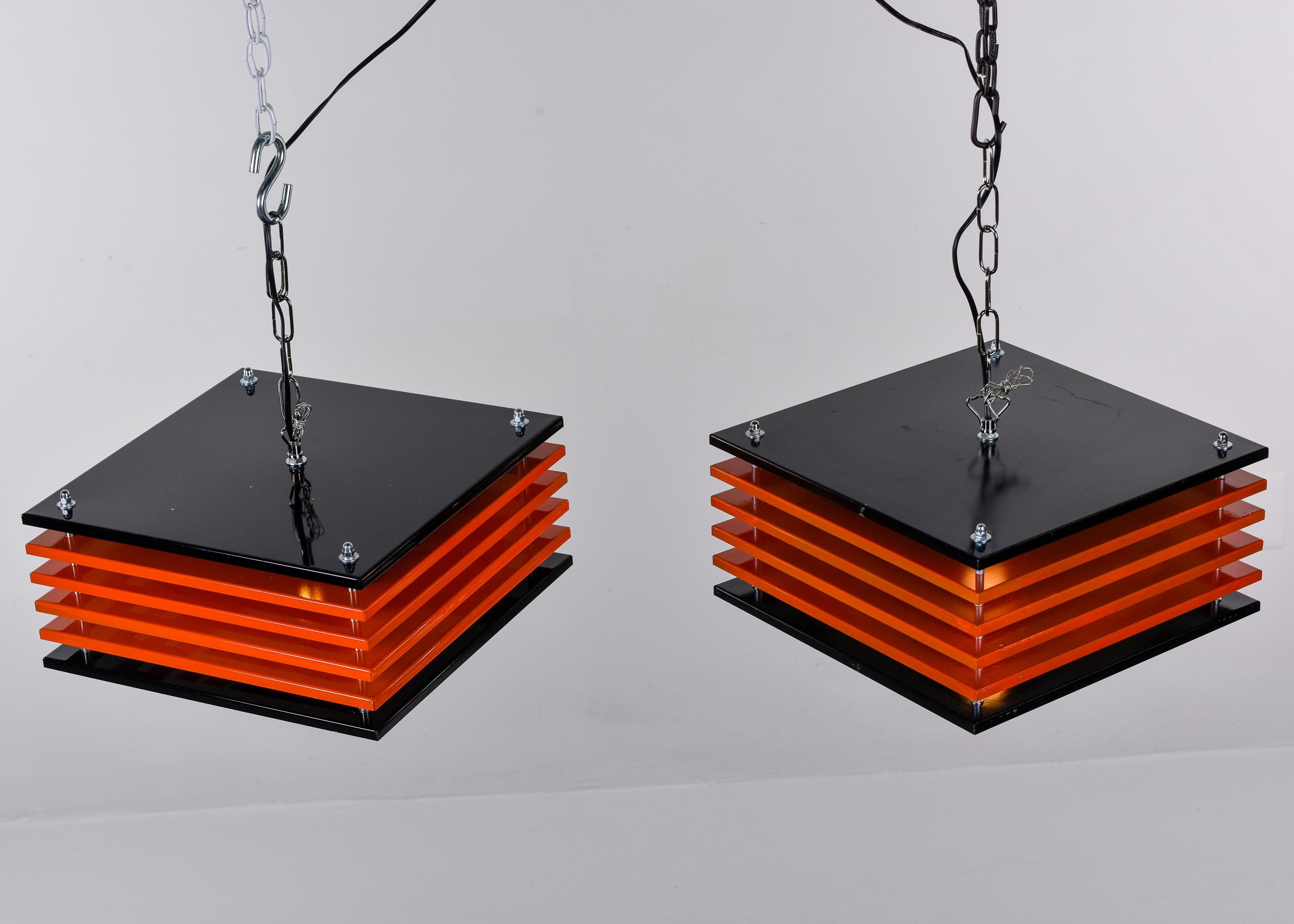 Pair Mid Century Italian Black & Orange Square Metal Pendant Lights For Sale 2