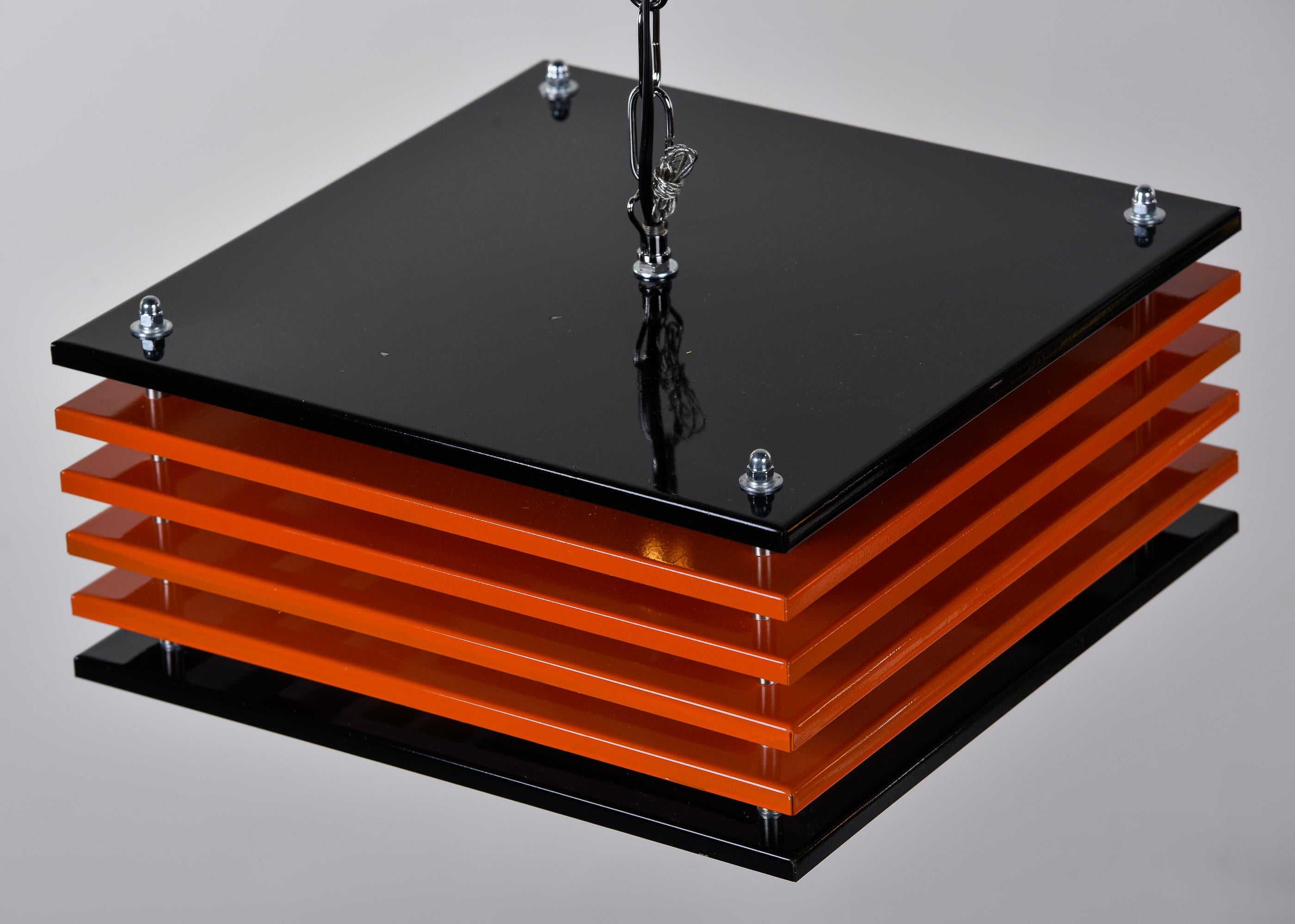 Pair Mid Century Italian Black & Orange Square Metal Pendant Lights For Sale 3