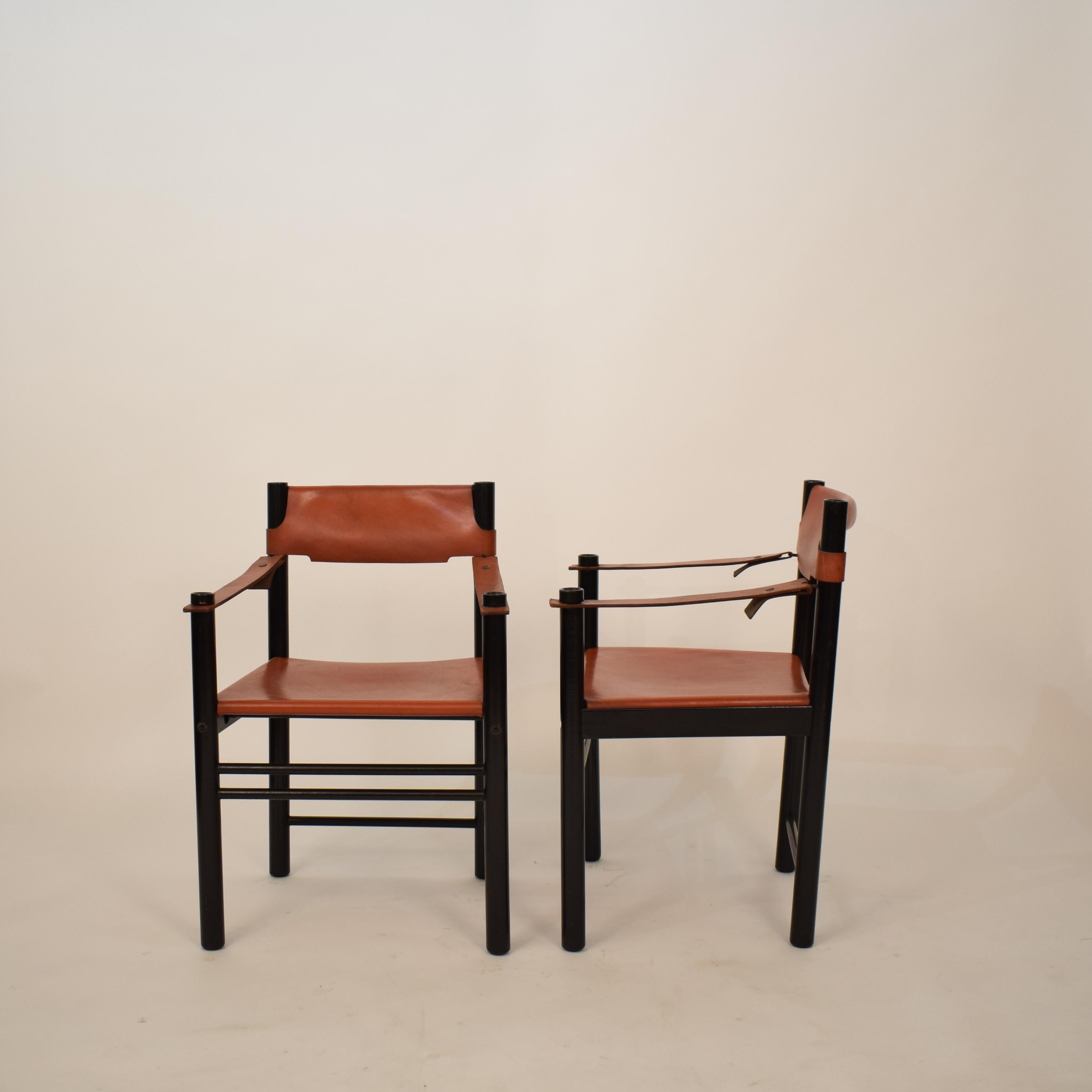 Pair of Midcentury Italian Black Wood and Cognac Leather Armchairs, Ibisco Sedie 6