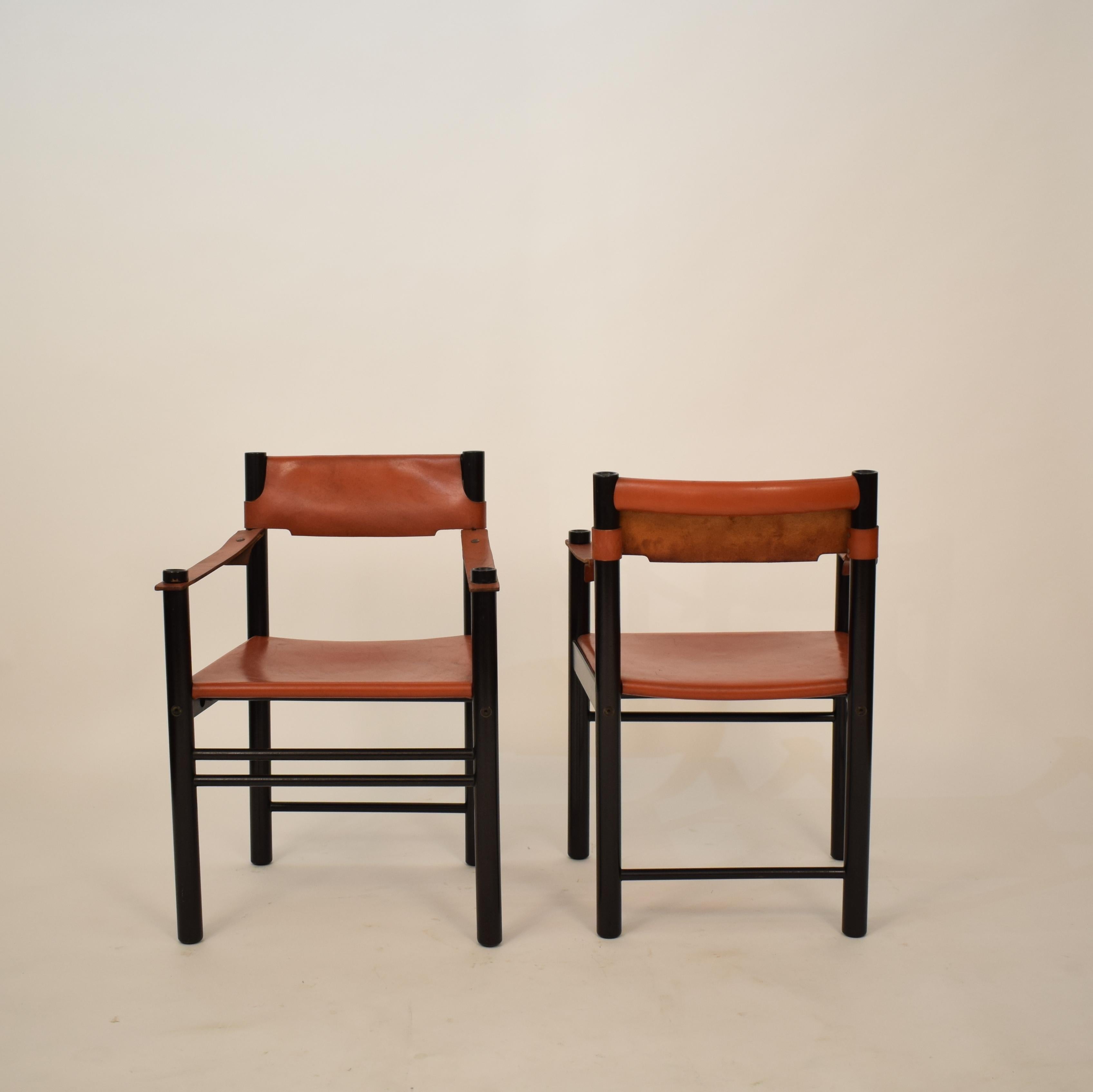 Pair of Midcentury Italian Black Wood and Cognac Leather Armchairs, Ibisco Sedie 3