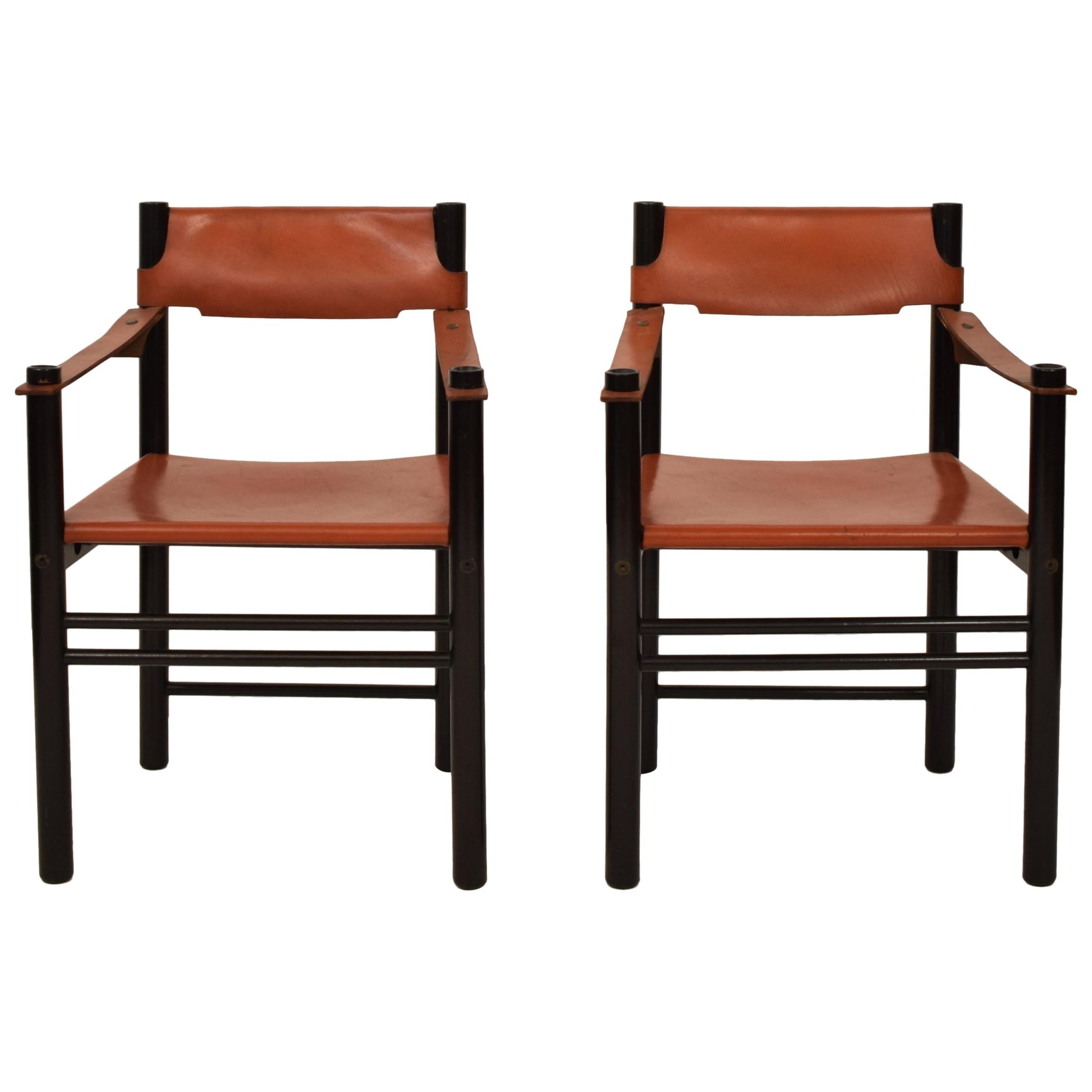 Pair of Midcentury Italian Black Wood and Cognac Leather Armchairs, Ibisco Sedie