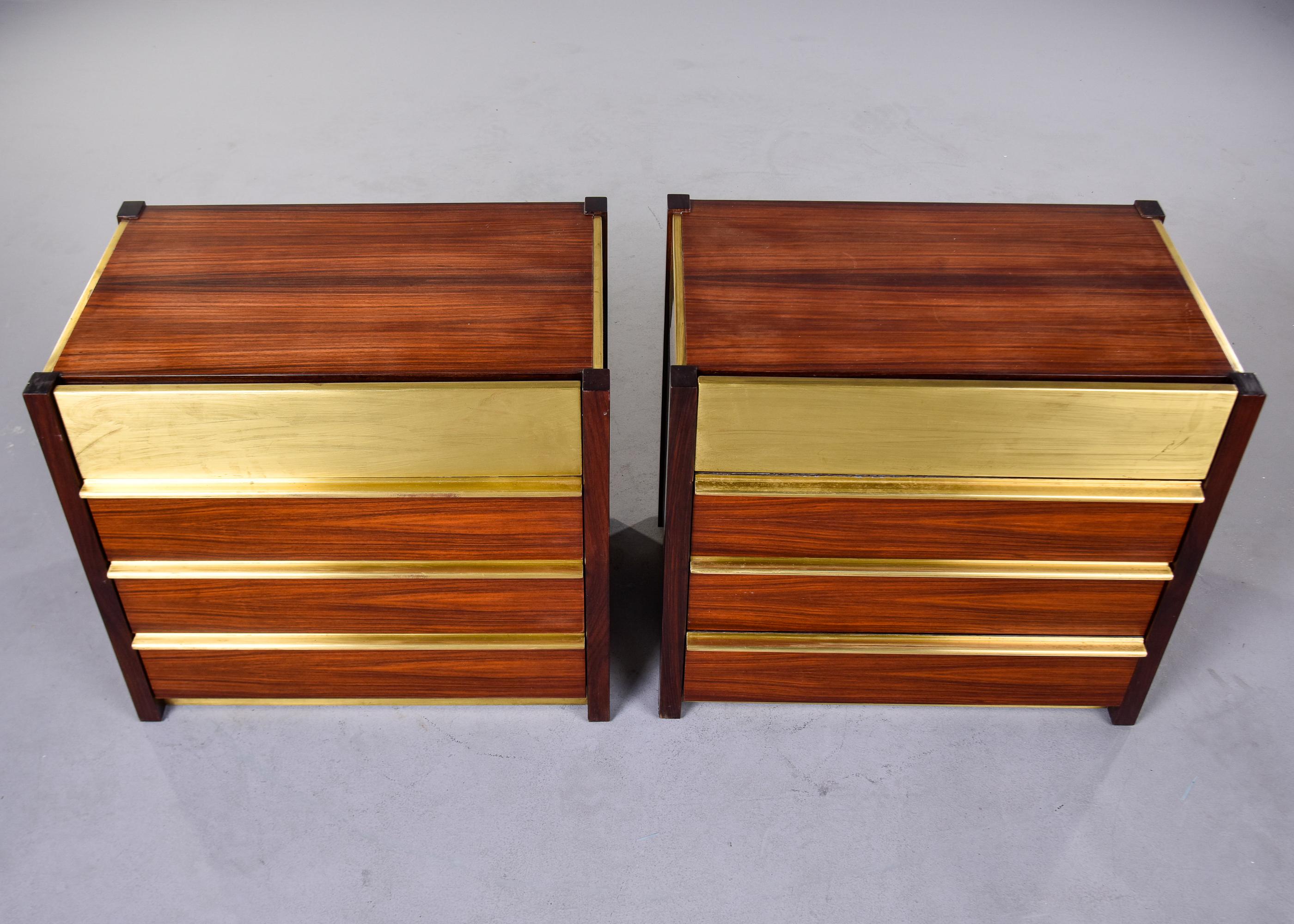20th Century Pair Midcentury Italian Brass and Rosewood Four Drawer Chests