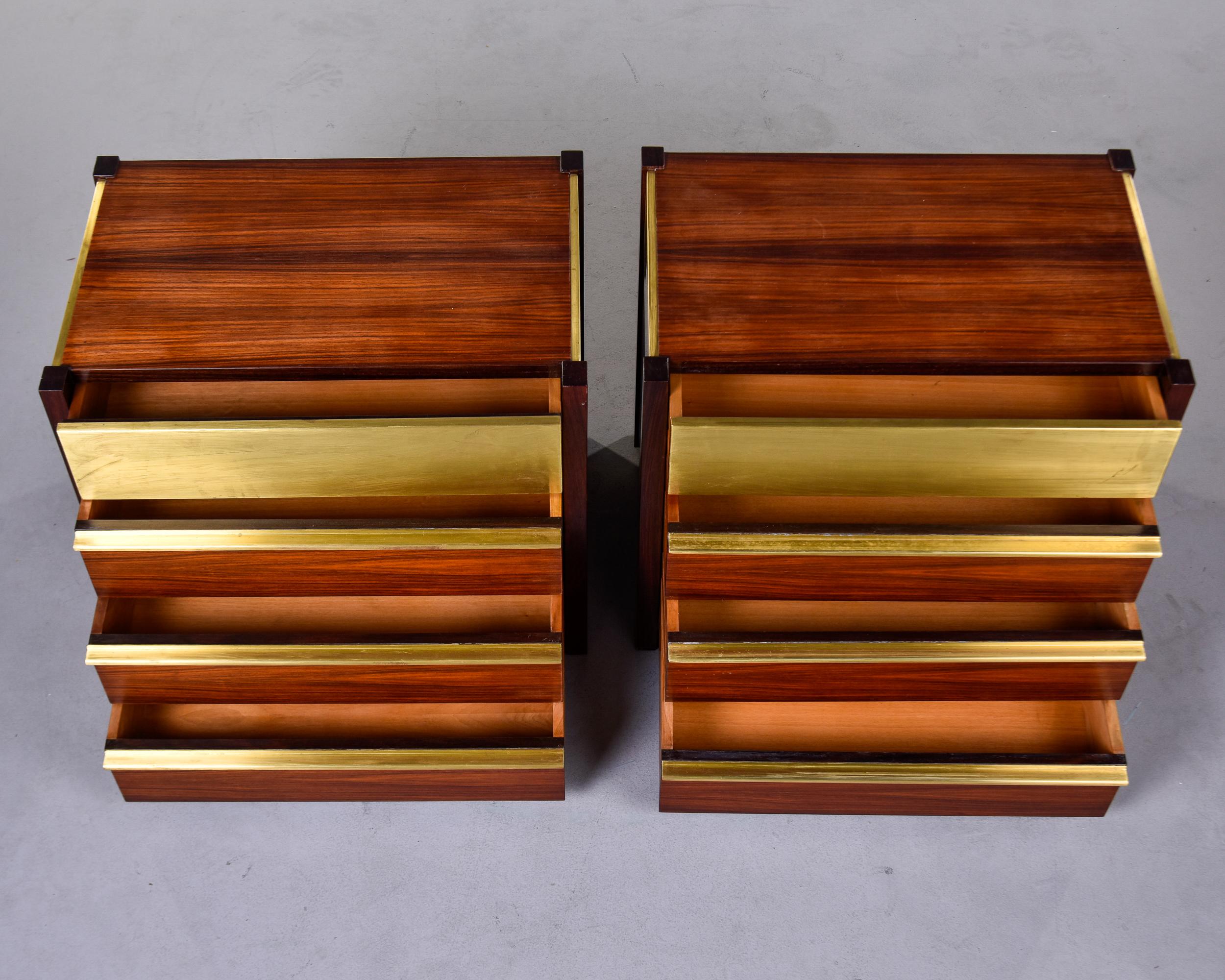 Pair Midcentury Italian Brass and Rosewood Four Drawer Chests For Sale 1