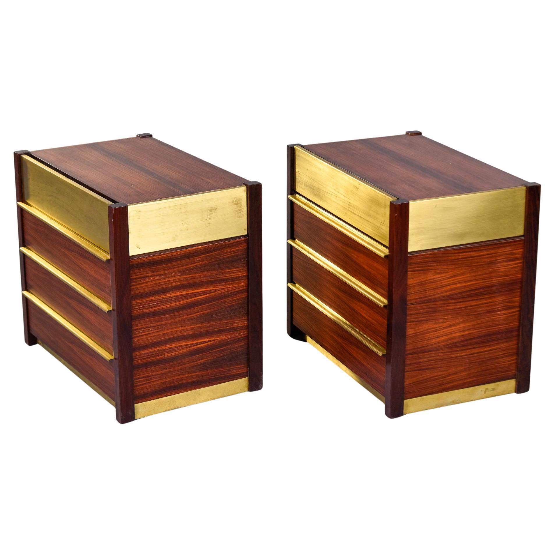 Pair Midcentury Italian Brass and Rosewood Four Drawer Chests For Sale