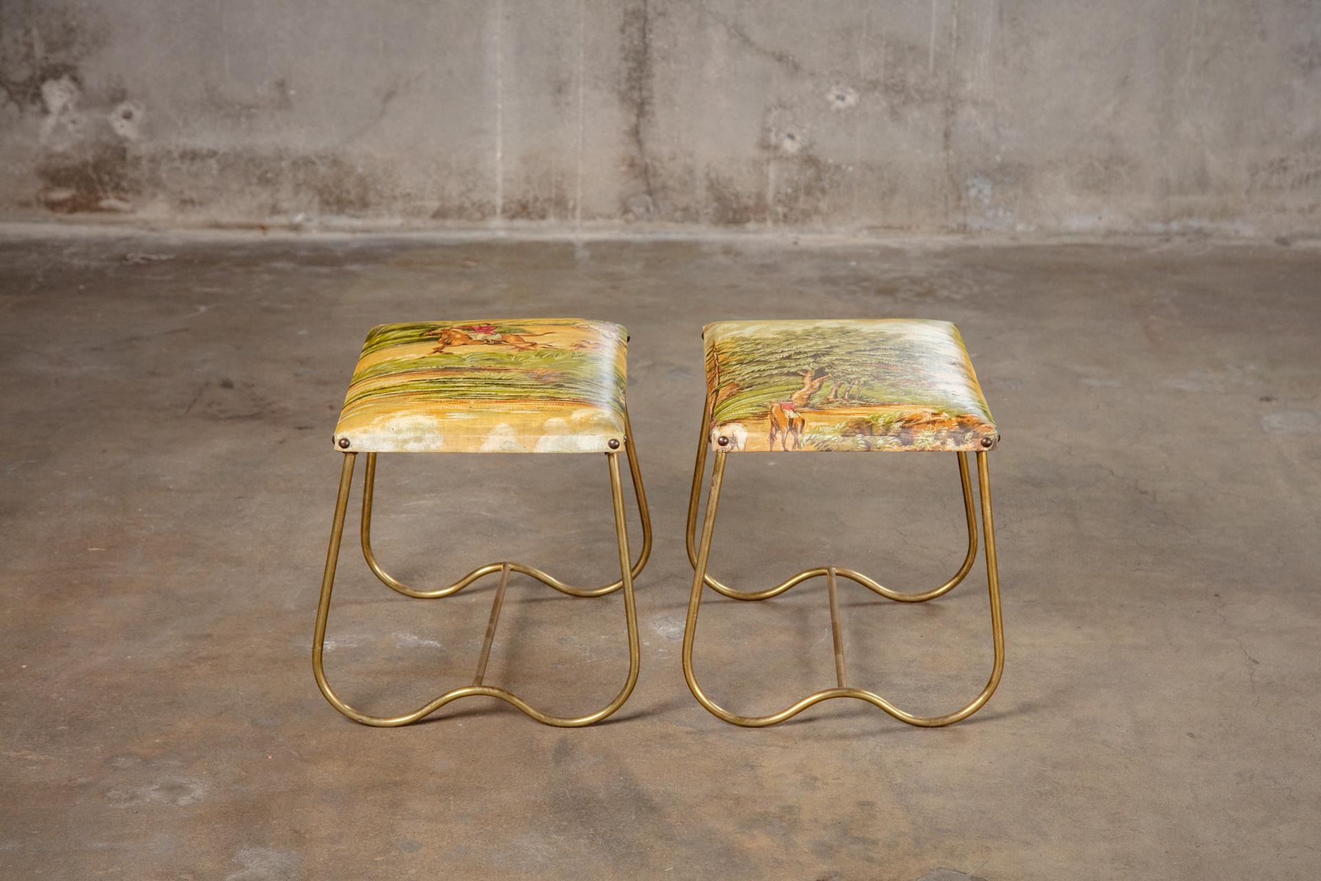 Pair of Midcentury Italian Brass Benches with Equestrian Themed Upholstery In Good Condition In Los Angeles, CA