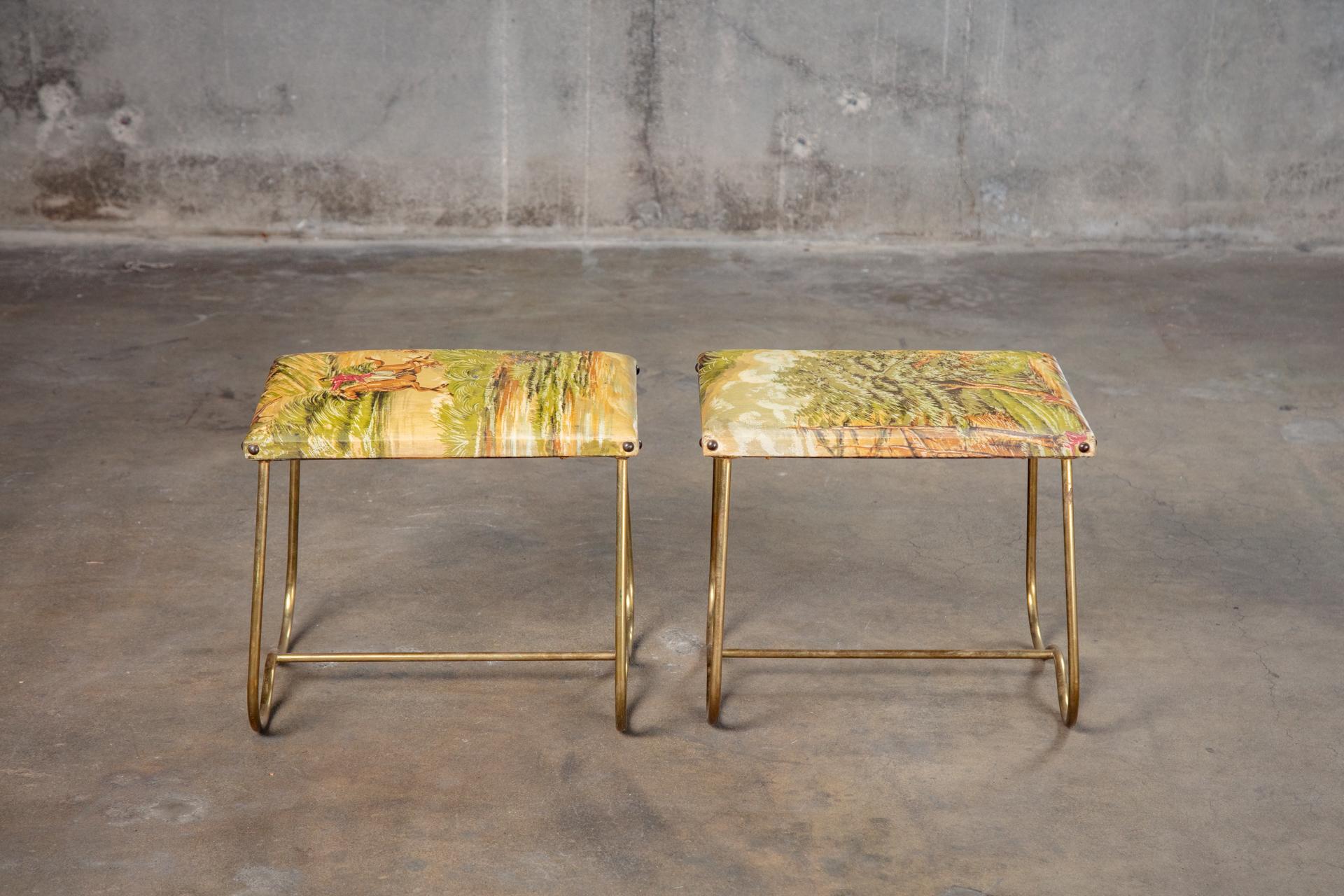 20th Century Pair of Midcentury Italian Brass Benches with Equestrian Themed Upholstery