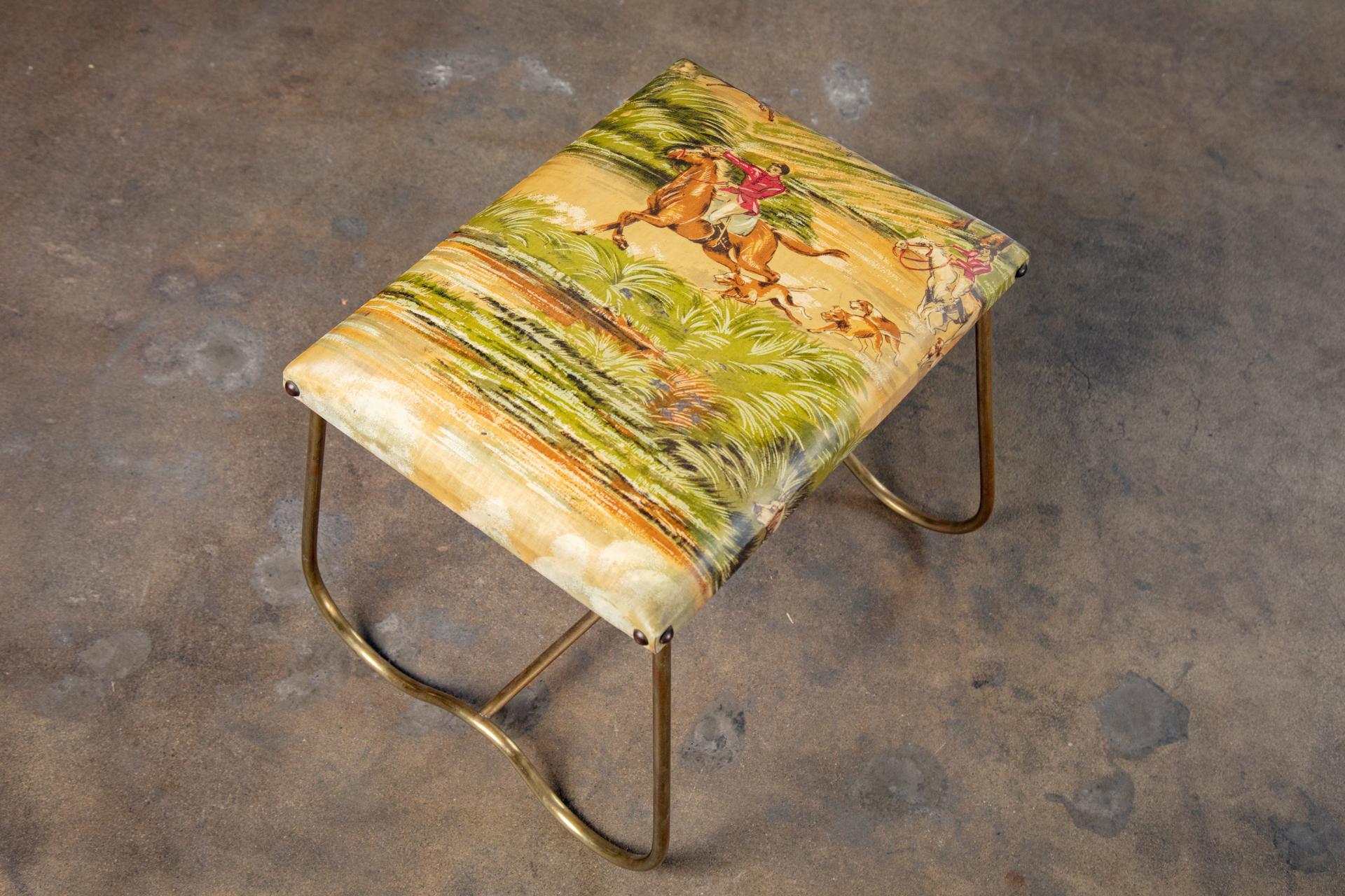 Pair of Midcentury Italian Brass Benches with Equestrian Themed Upholstery 1