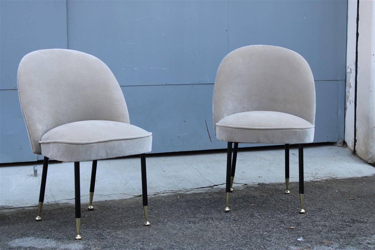 Pair mid-century Italian chairs light gray velvet metal brass Rinaldi Gastone.