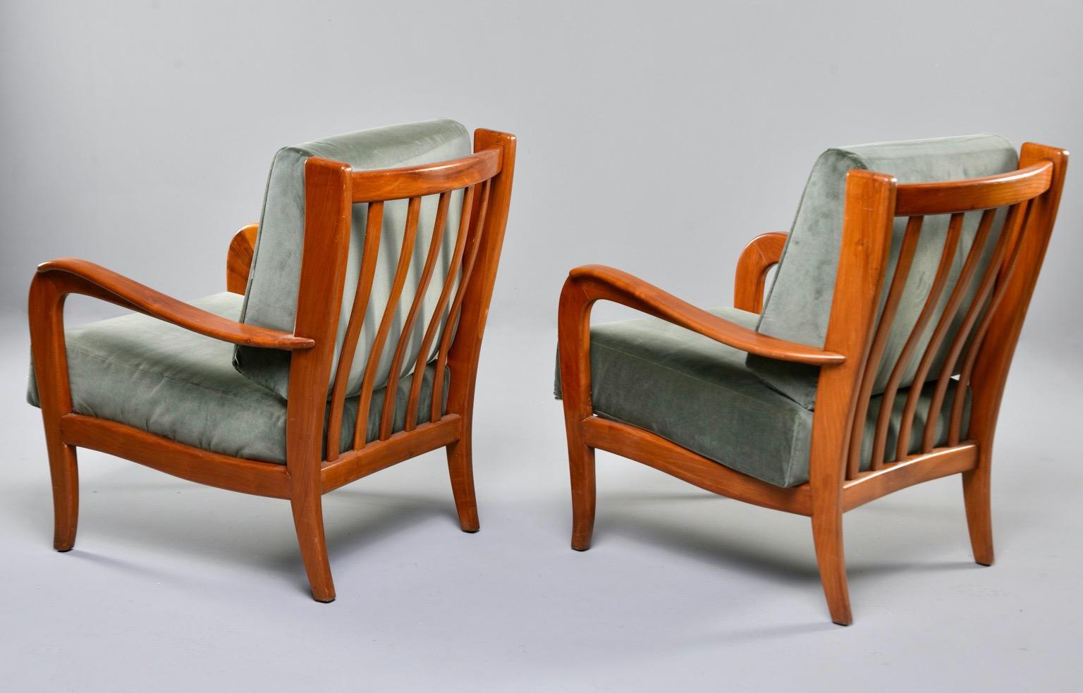 20th Century Pair of Midcentury Italian Cherrywood Chairs with Green Velvetc