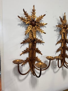 Pair, Mid Century Italian Gilt Metal Leaf Starburst Three Arm Candle Sconces