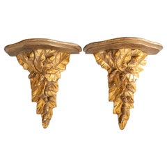 Pair Mid-Century Italian Giltwood Carved Acorns & Leaves Wall Brackets Shelves