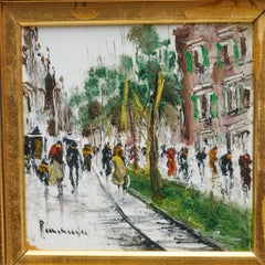 Pair, Mid-Century Italian Hand-Painted Ceramic Street Scene Tiles in Gilt Frames