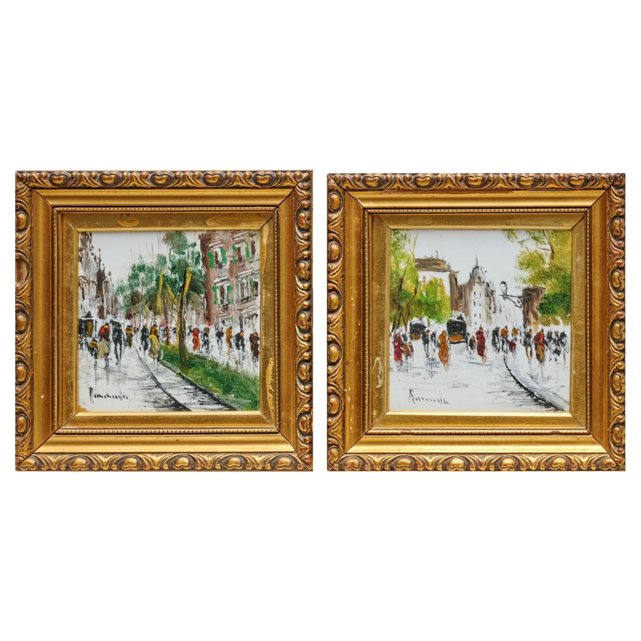 Pareja de azulejos de cerámica de mediados de siglo pintados a mano en marcos dorados en venta