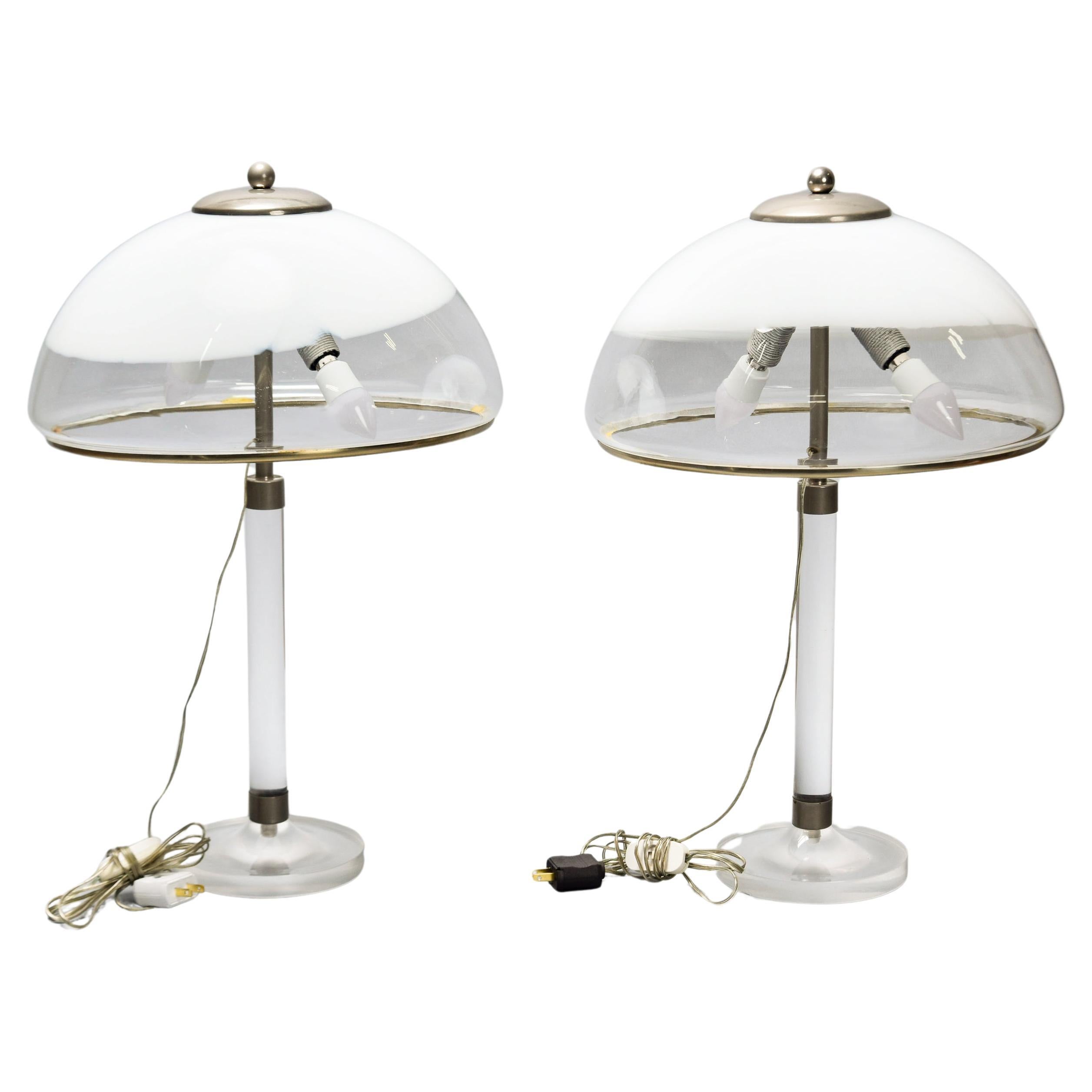 Pair Mid Century Italian Lamps with Lucite Base and All Glass Shades